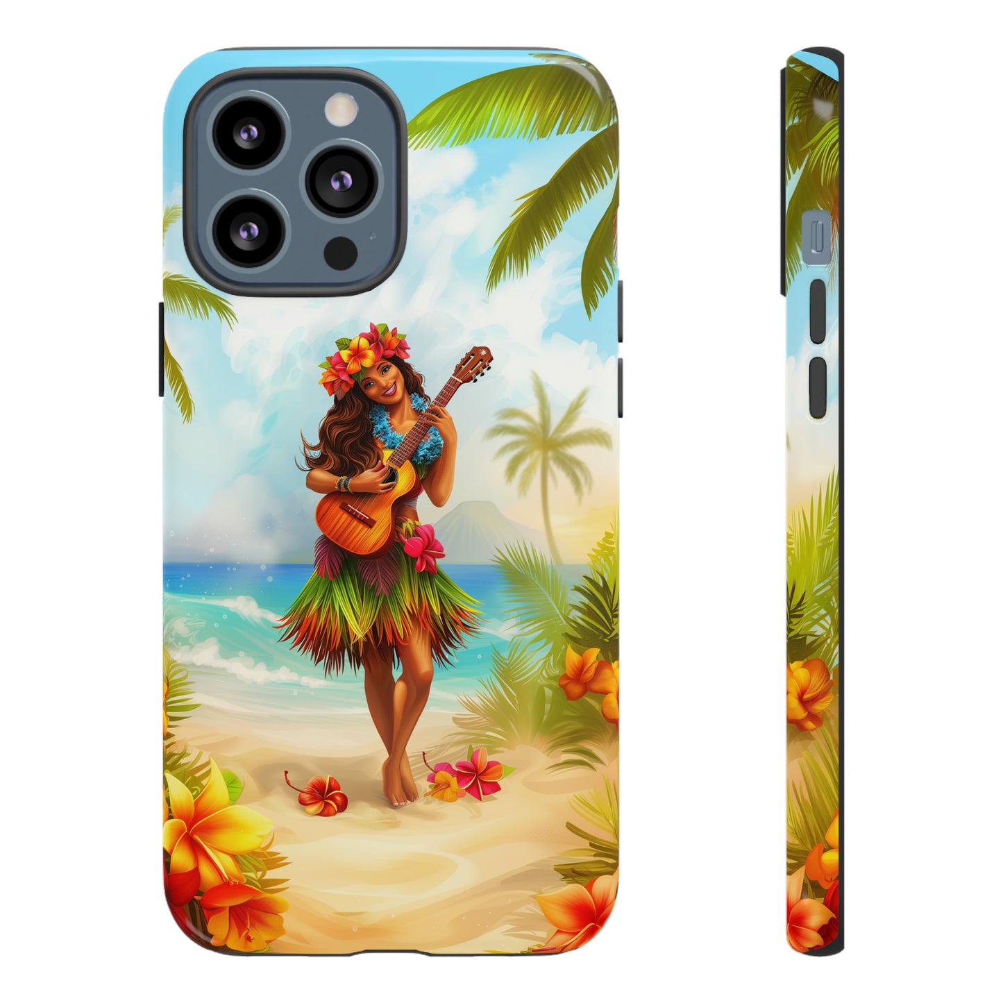 Hula Girl Guitar Hawaiian Phone Case, Tropical, Hibiscus, Wireless Compatible, Protective Cell Phone Case for iPhone, Samsung, Pixel phones