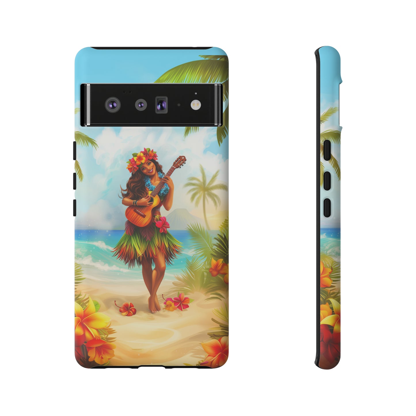 Hula Girl Guitar Hawaiian Phone Case, Tropical, Hibiscus, Wireless Compatible, Protective Cell Phone Case for iPhone, Samsung, Pixel phones