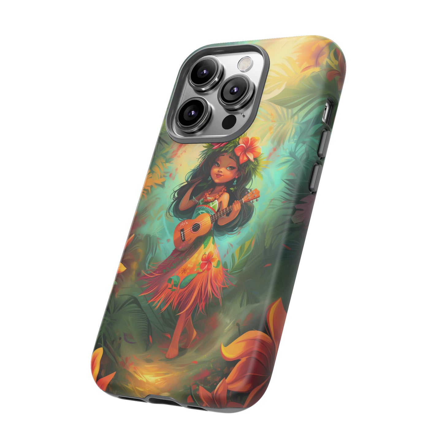 Cute Hula Girl Ukulele Hawaiian Phone Case, Tropical, Hibiscus, Wireless Compatible, Protective Cell Phone Case for iPhone, Samsung, Pixel
