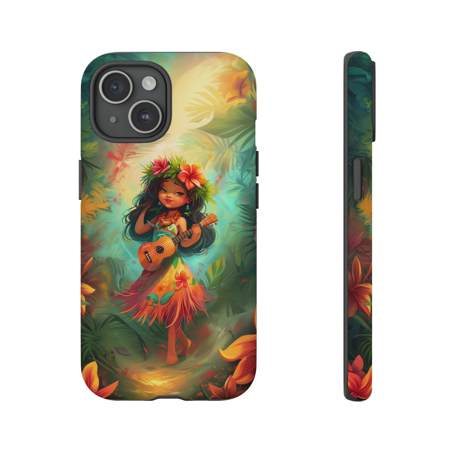 Cute Hula Girl Ukulele Hawaiian Phone Case, Tropical, Hibiscus, Wireless Compatible, Protective Cell Phone Case for iPhone, Samsung, Pixel