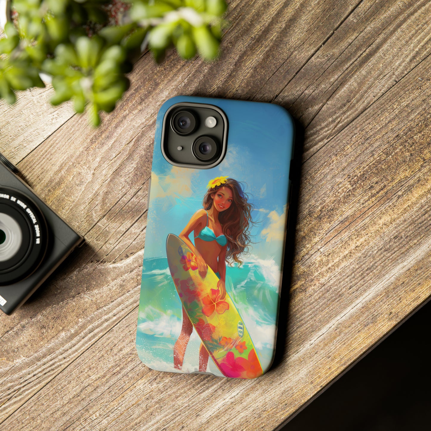 Surfer Girl Hawaiian Phone Case, Tropical, Hibiscus, Wireless Compatible, Protective Cell Phone Case for iPhone, Samsung, Pixel phones