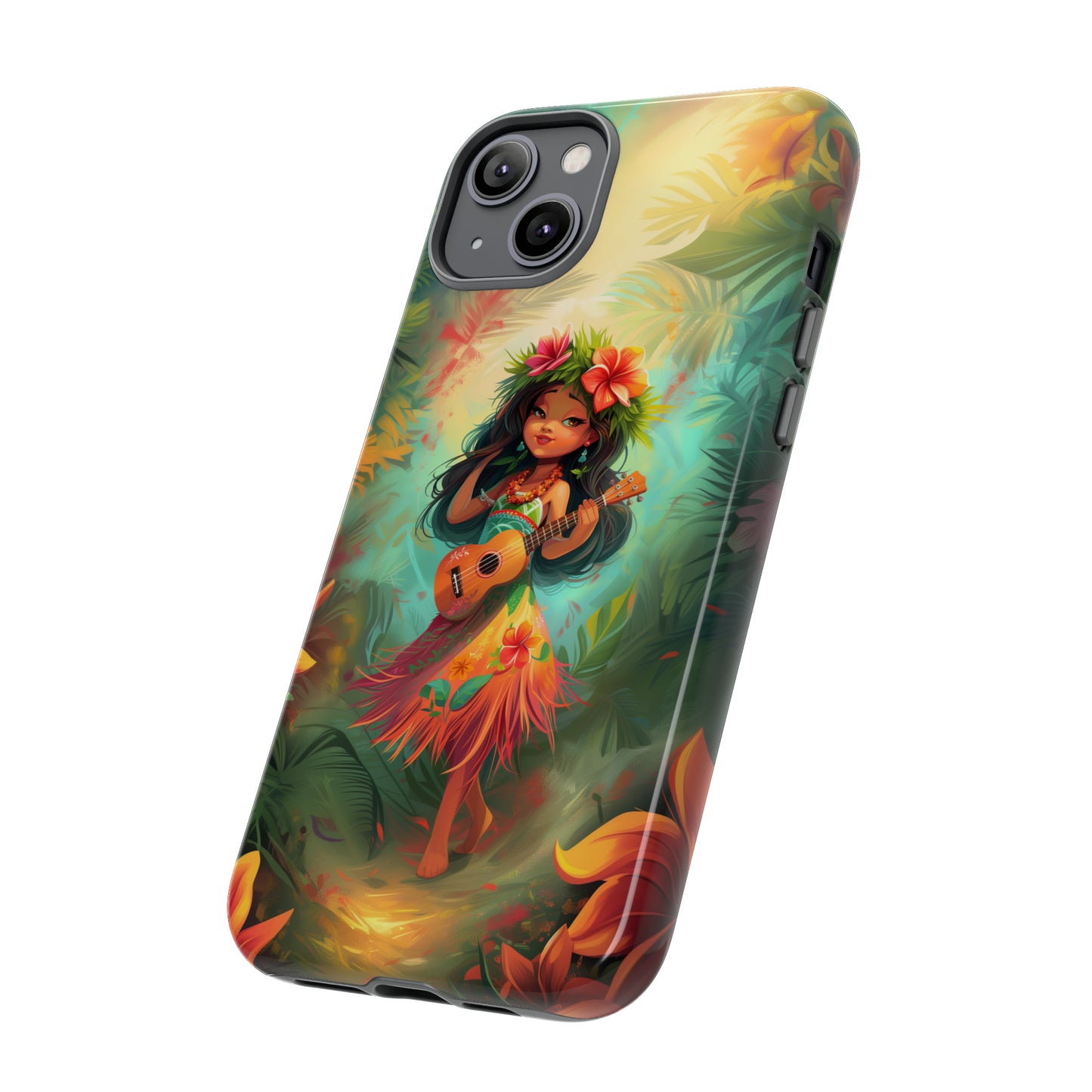 Cute Hula Girl Ukulele Hawaiian Phone Case, Tropical, Hibiscus, Wireless Compatible, Protective Cell Phone Case for iPhone, Samsung, Pixel