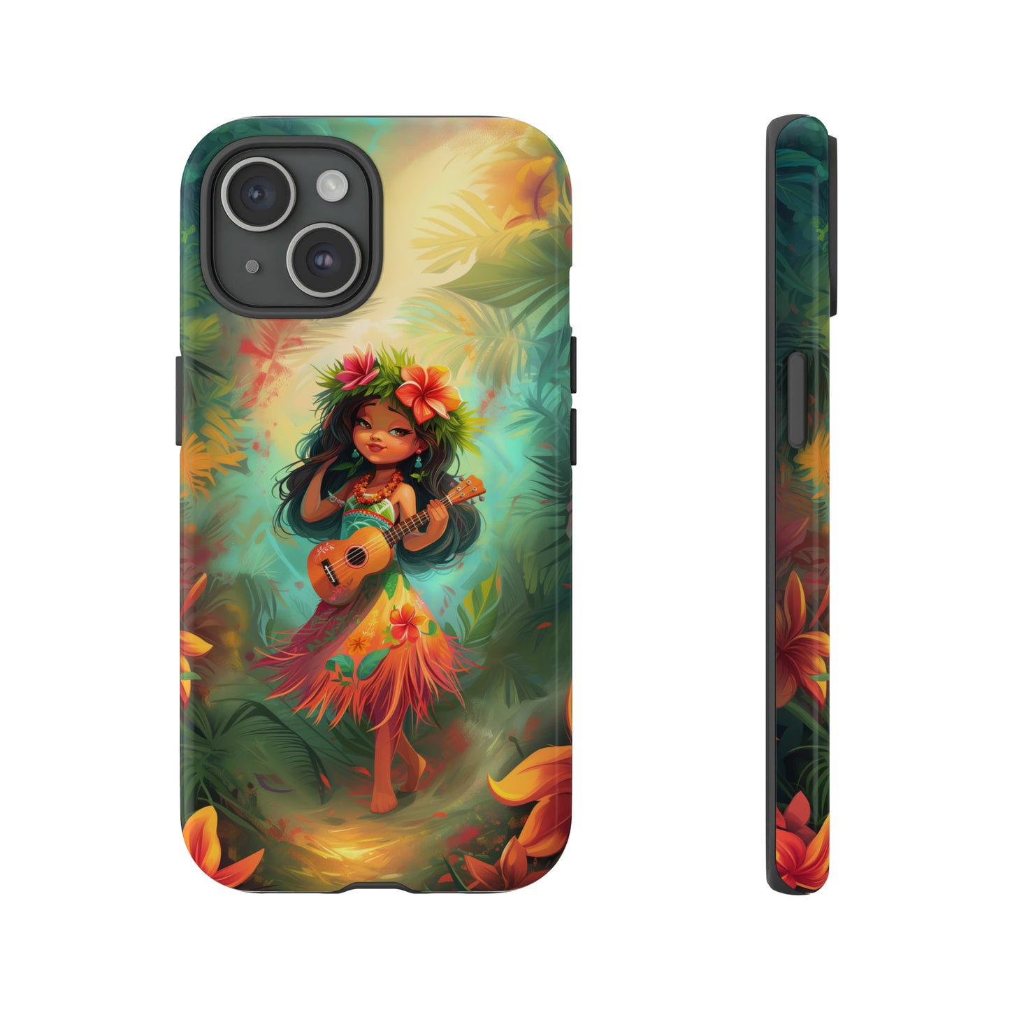 Cute Hula Girl Ukulele Hawaiian Phone Case, Tropical, Hibiscus, Wireless Compatible, Protective Cell Phone Case for iPhone, Samsung, Pixel