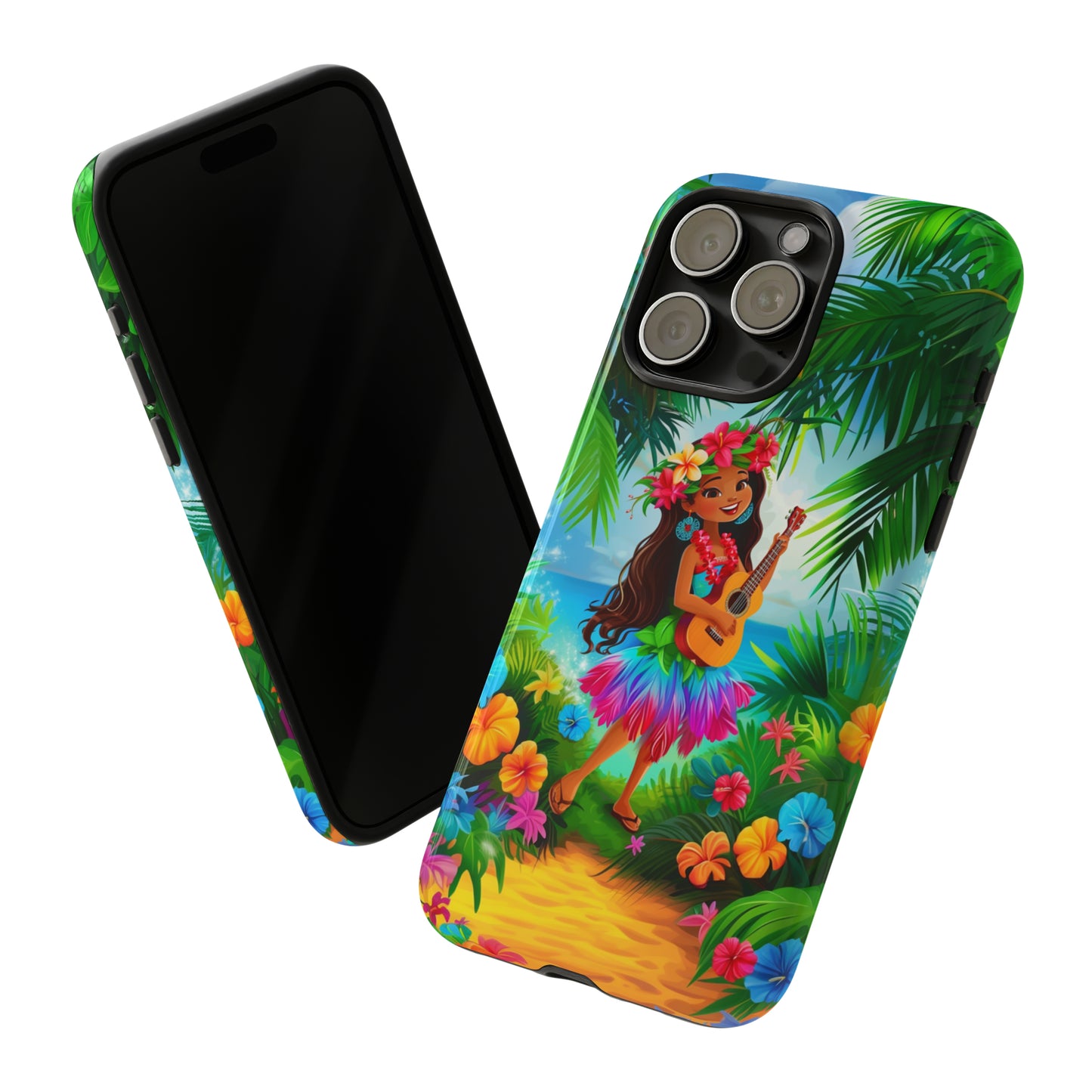 Hula Girl Ukulele Hawaiian Phone Case, Tropical, Hibiscus, Wireless Compatible, Protective Cell Phone Case for iPhone, Samsung, Pixel phones