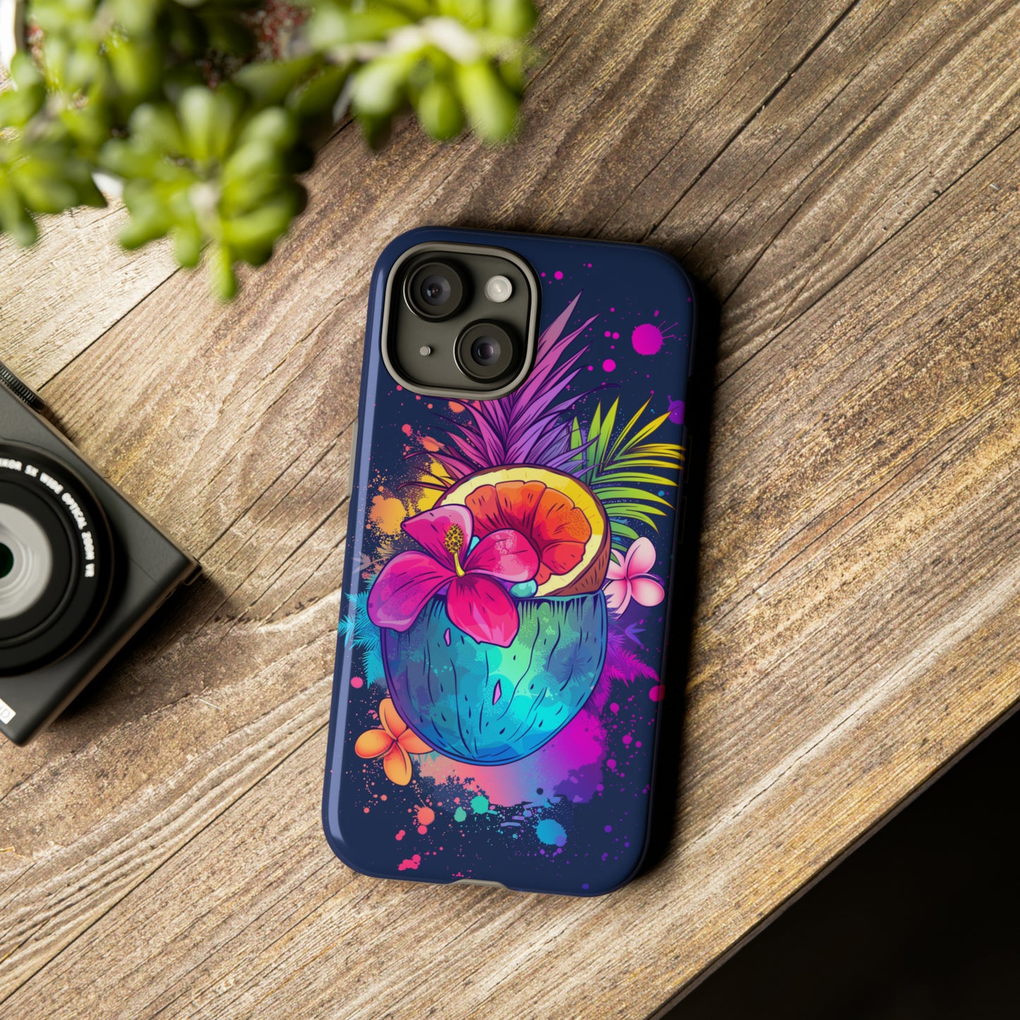 Coconut Dark Colorful Hawaiian Tropical Phone Case, Island Tropics, Wireless Compatible, Protective Cell Phone Case iPhone, Samsung, Pixel