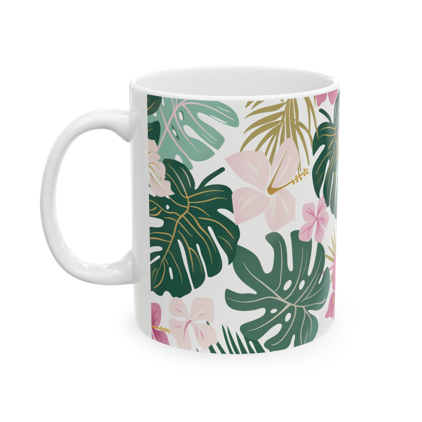 Hibiscus Pink Green Pattern Hawaiian Ceramic Mug 11oz, Hawaii Mug, HI Mug, Aloha Mug, 808 Mug, Island Mug, Tropical Mug, Coffee Mug