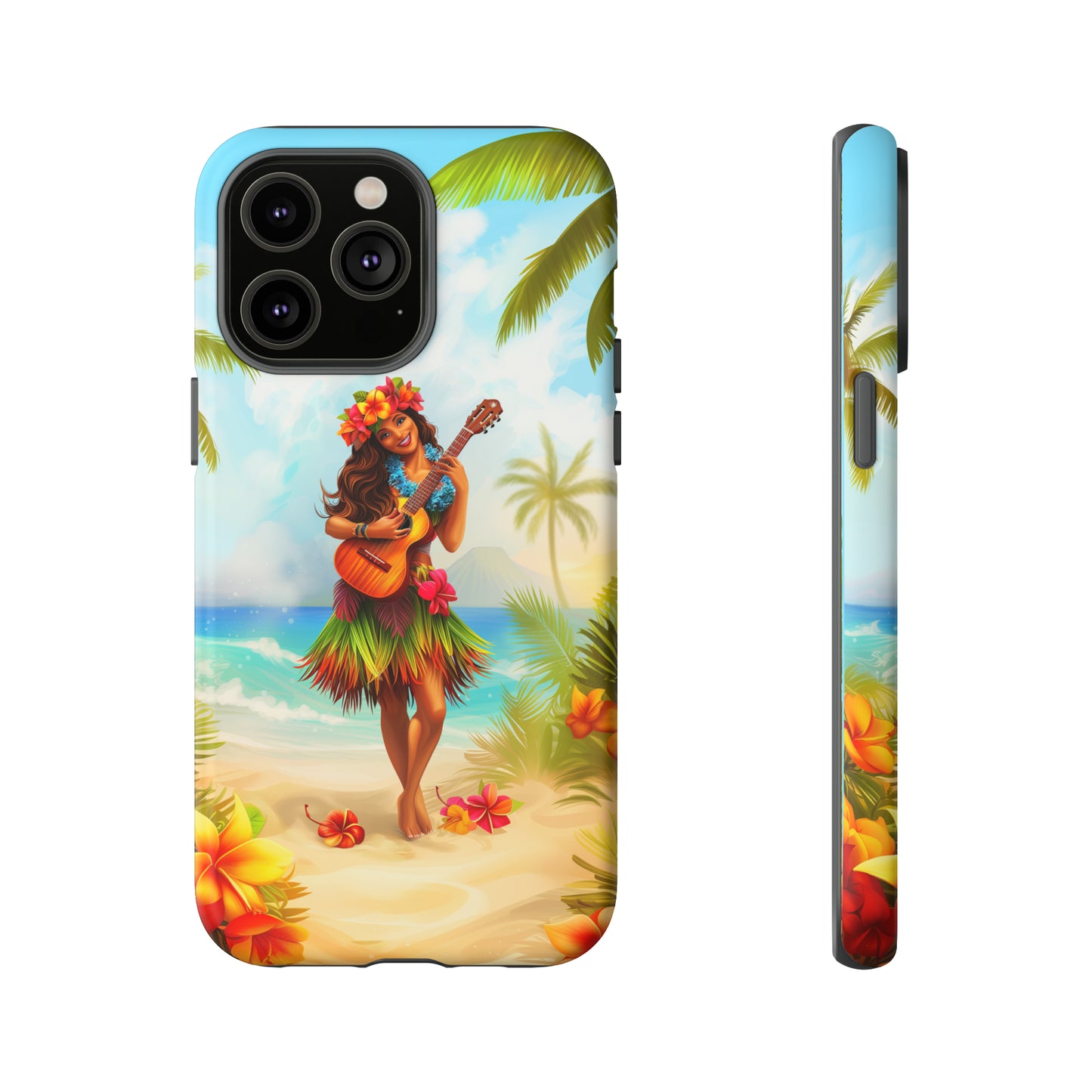 Hula Girl Guitar Hawaiian Phone Case, Tropical, Hibiscus, Wireless Compatible, Protective Cell Phone Case for iPhone, Samsung, Pixel phones