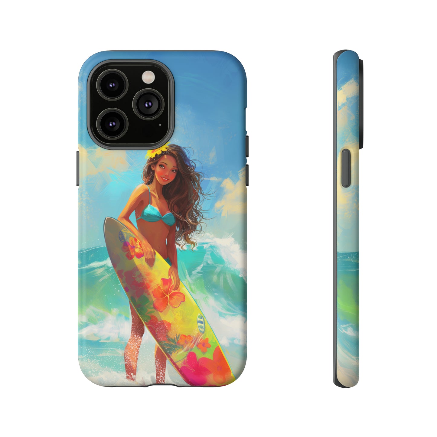 Surfer Girl Hawaiian Phone Case, Tropical, Hibiscus, Wireless Compatible, Protective Cell Phone Case for iPhone, Samsung, Pixel phones