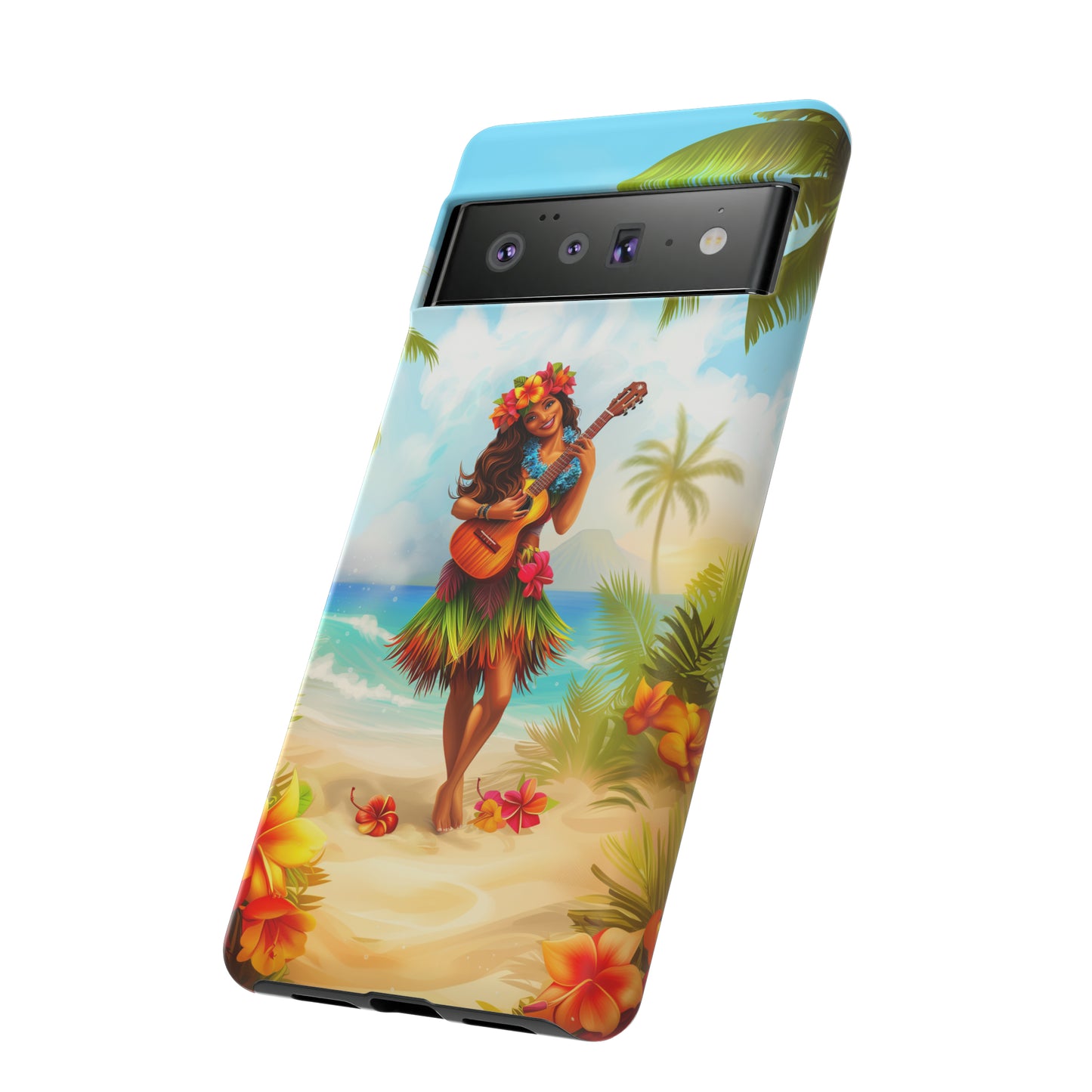 Hula Girl Guitar Hawaiian Phone Case, Tropical, Hibiscus, Wireless Compatible, Protective Cell Phone Case for iPhone, Samsung, Pixel phones