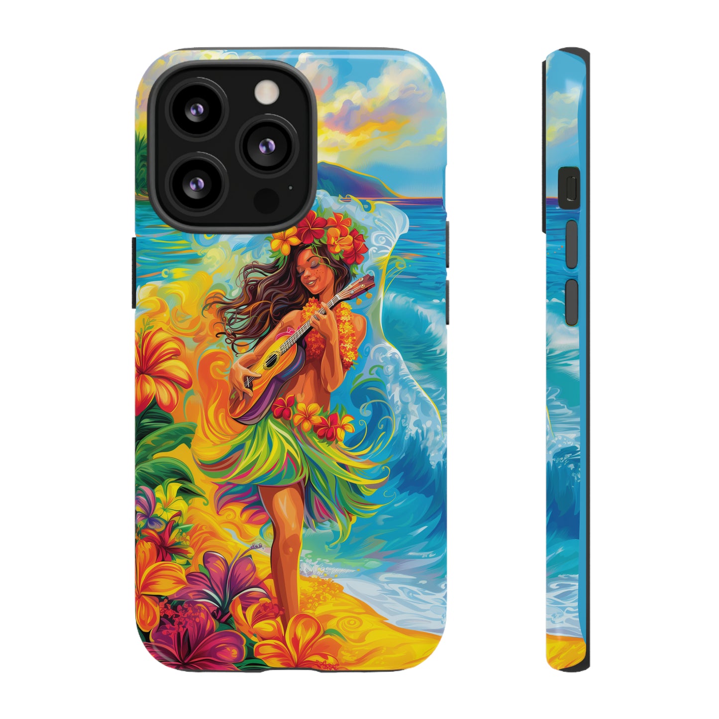 Ukulele Hula Girl Hawaiian Phone Case, Tropical, Hibiscus, Wireless Compatible, Protective Cell Phone Case for iPhone, Samsung, Pixel phones