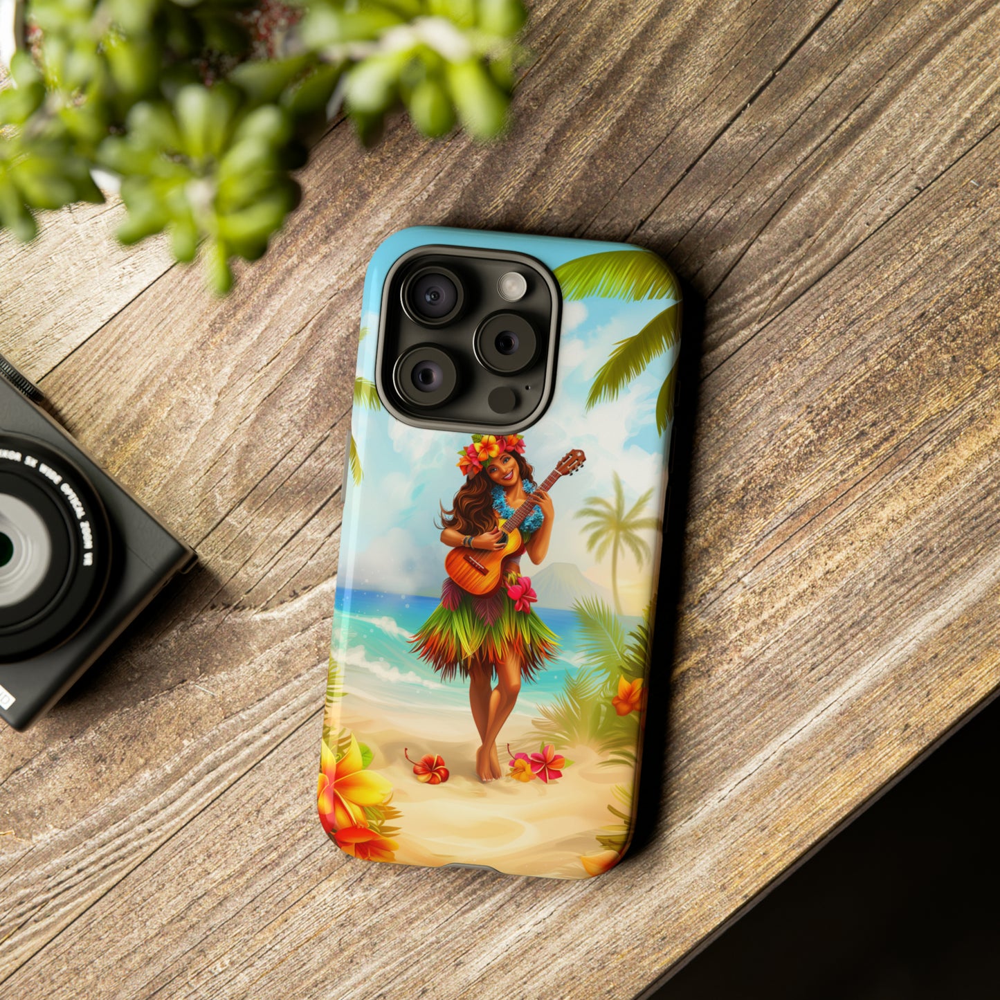 Hula Girl Guitar Hawaiian Phone Case, Tropical, Hibiscus, Wireless Compatible, Protective Cell Phone Case for iPhone, Samsung, Pixel phones