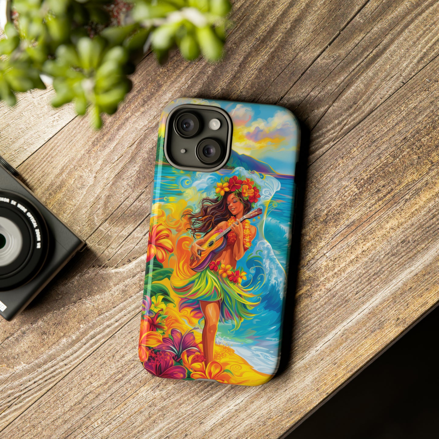 Ukulele Hula Girl Hawaiian Phone Case, Tropical, Hibiscus, Wireless Compatible, Protective Cell Phone Case for iPhone, Samsung, Pixel phones