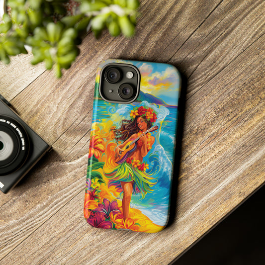 Ukulele Hula Girl Hawaiian Phone Case, Tropical, Hibiscus, Wireless Compatible, Protective Cell Phone Case for iPhone, Samsung, Pixel phones