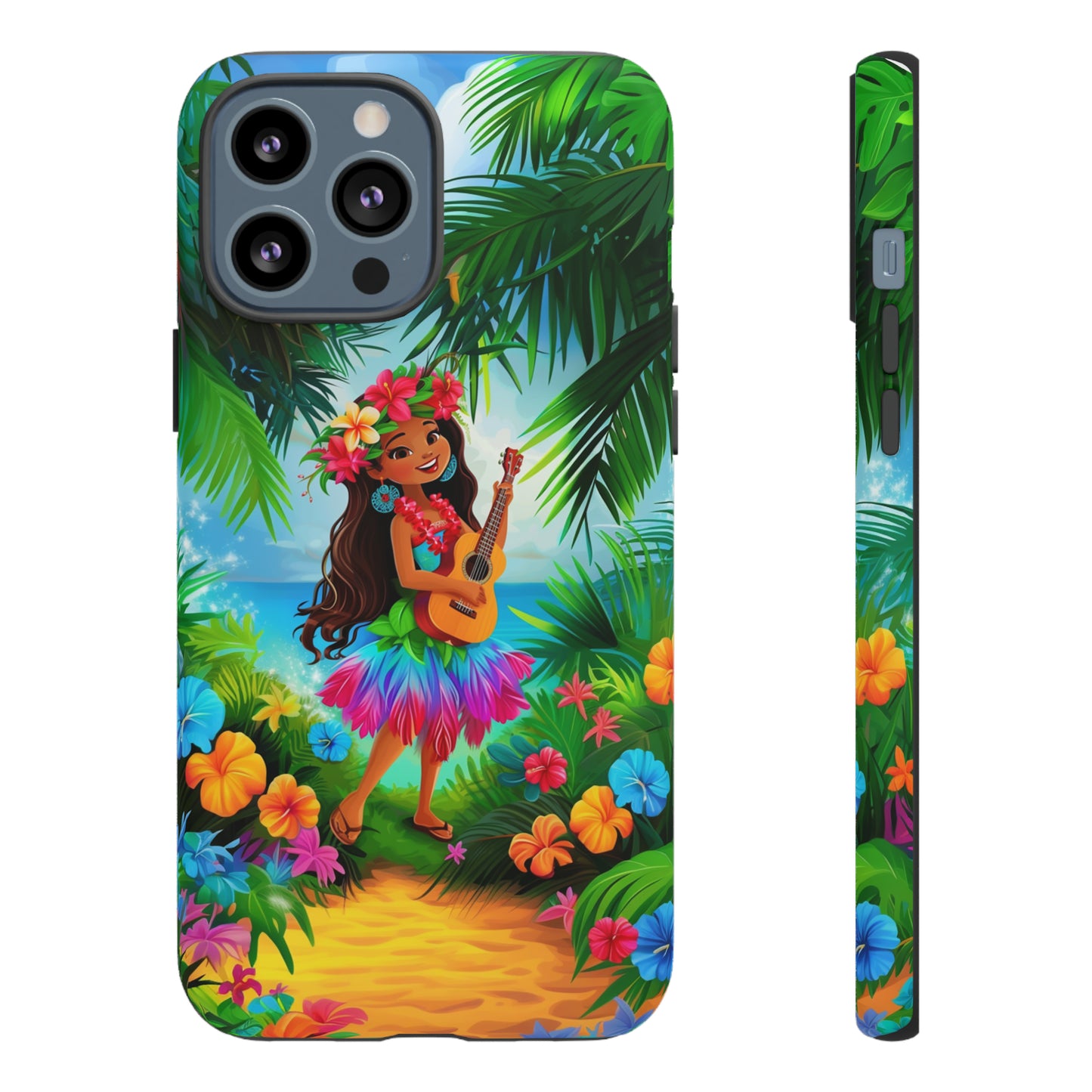 Hula Girl Ukulele Hawaiian Phone Case, Tropical, Hibiscus, Wireless Compatible, Protective Cell Phone Case for iPhone, Samsung, Pixel phones