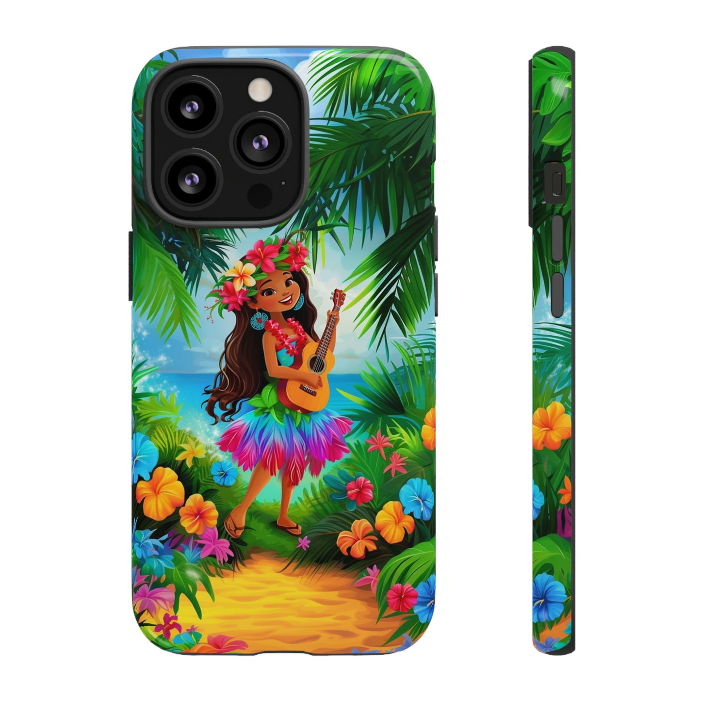 Hula Girl Ukulele Hawaiian Phone Case, Tropical, Hibiscus, Wireless Compatible, Protective Cell Phone Case for iPhone, Samsung, Pixel phones