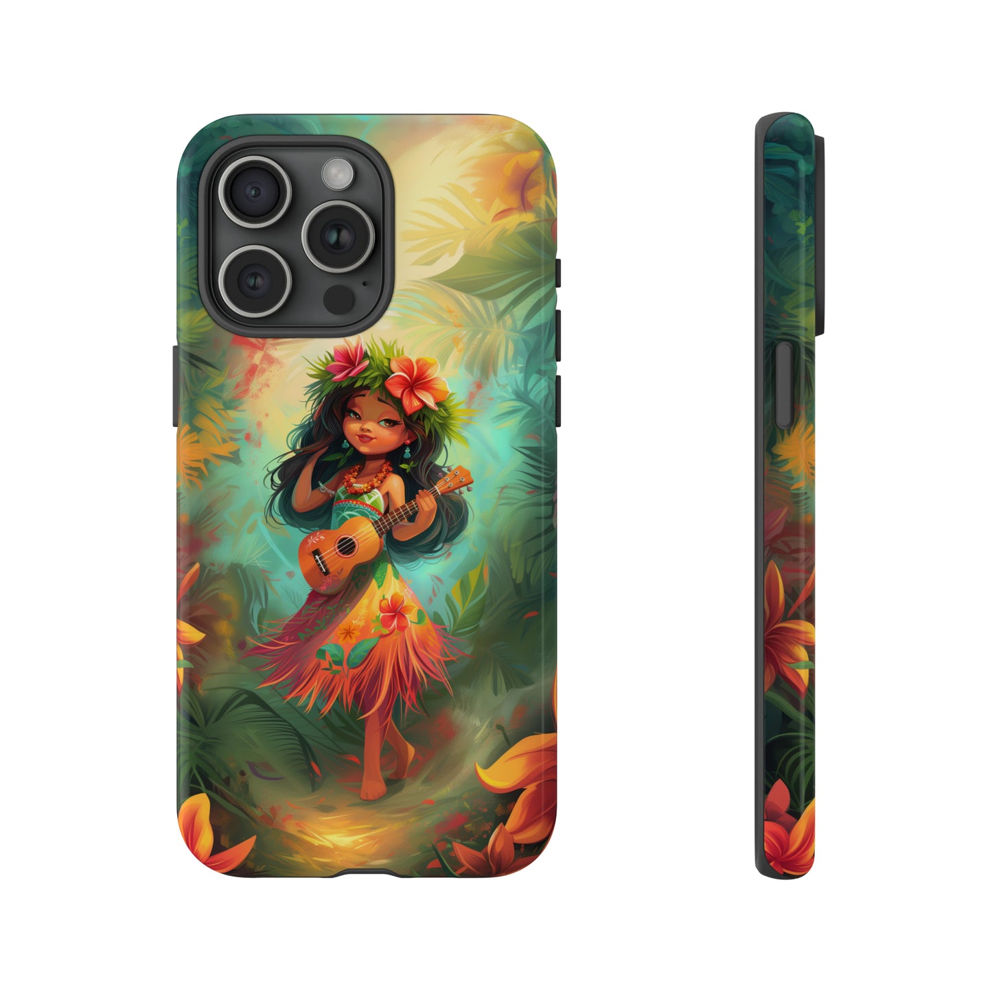Cute Hula Girl Ukulele Hawaiian Phone Case, Tropical, Hibiscus, Wireless Compatible, Protective Cell Phone Case for iPhone, Samsung, Pixel
