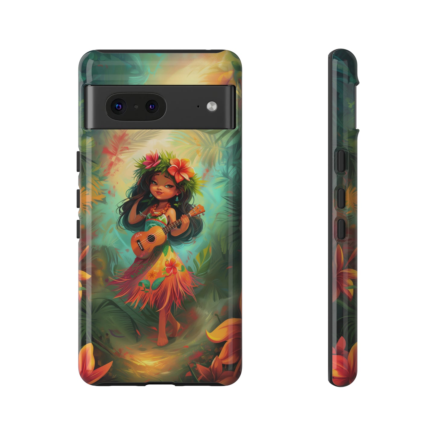 Cute Hula Girl Ukulele Hawaiian Phone Case, Tropical, Hibiscus, Wireless Compatible, Protective Cell Phone Case for iPhone, Samsung, Pixel