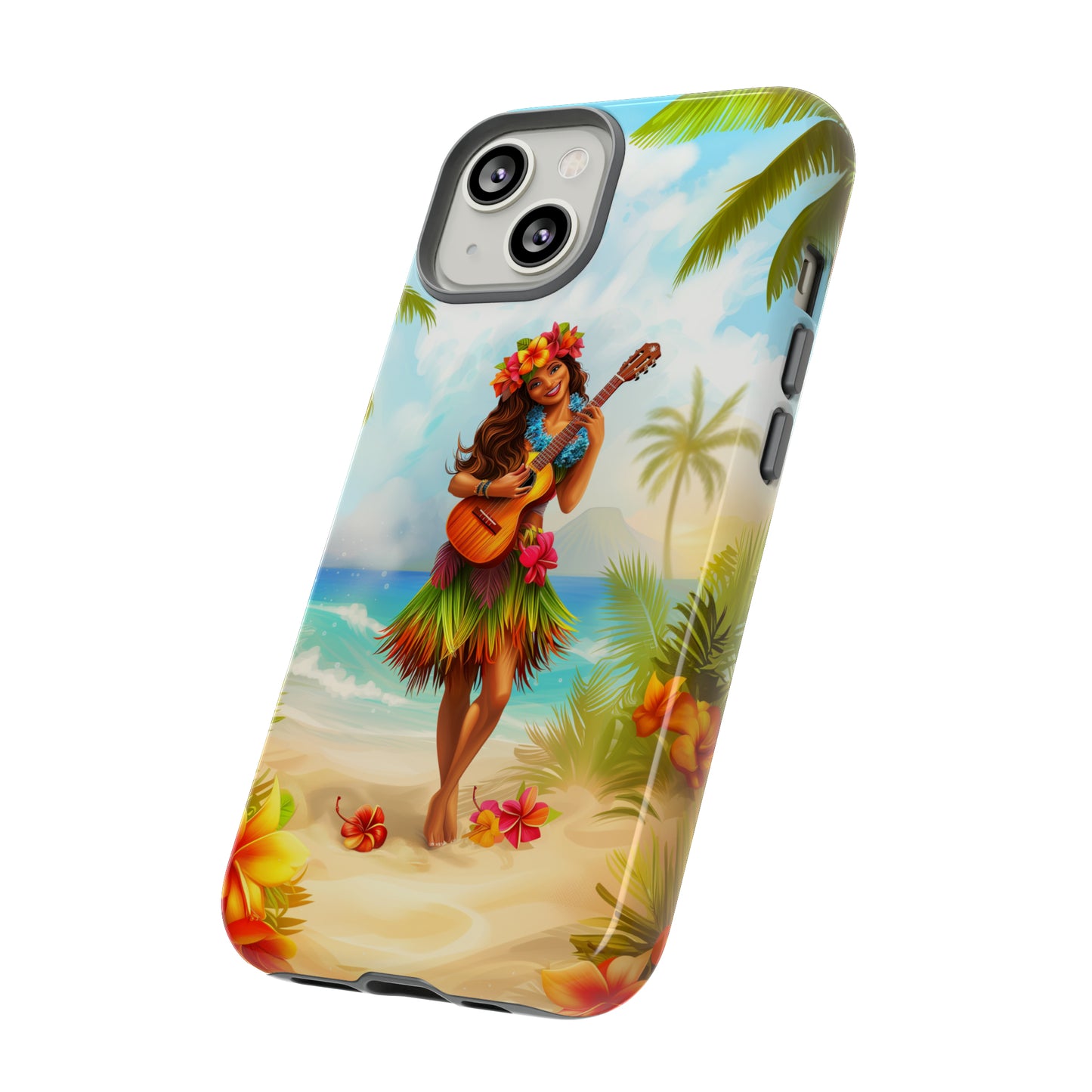 Hula Girl Guitar Hawaiian Phone Case, Tropical, Hibiscus, Wireless Compatible, Protective Cell Phone Case for iPhone, Samsung, Pixel phones