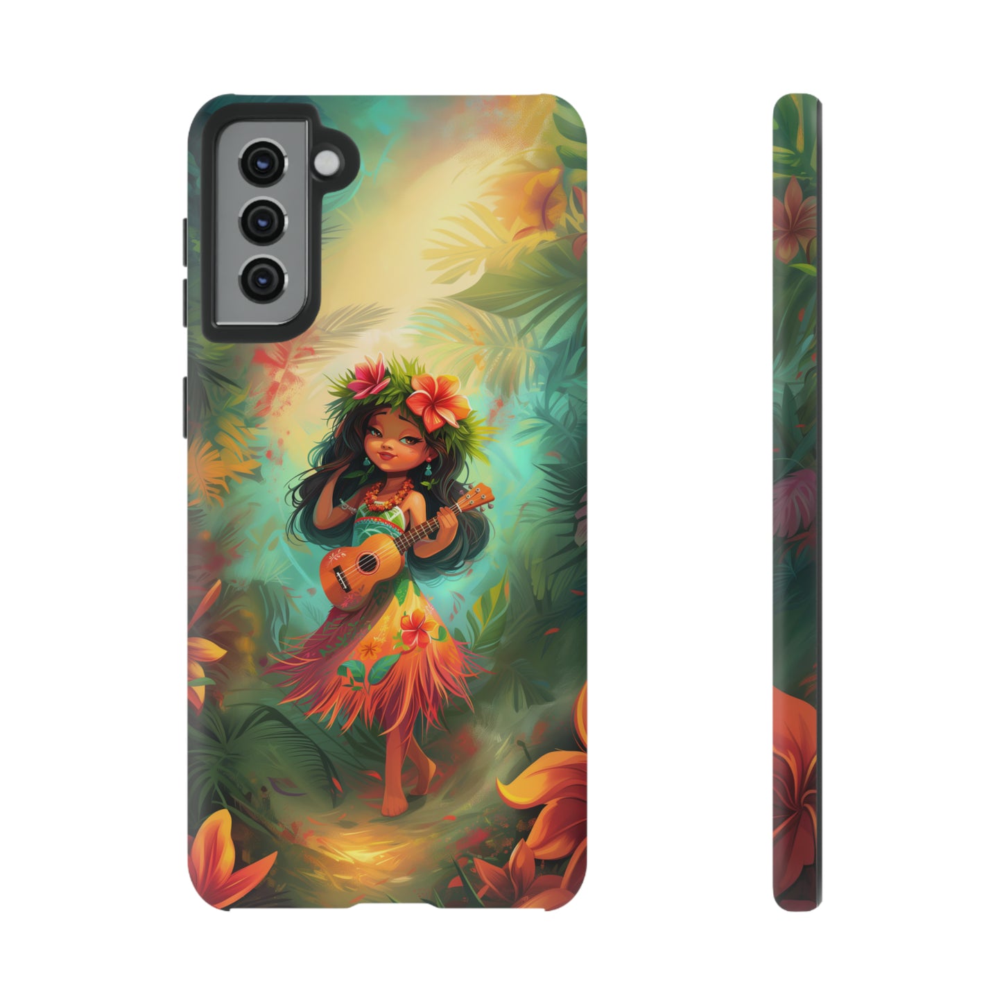 Cute Hula Girl Ukulele Hawaiian Phone Case, Tropical, Hibiscus, Wireless Compatible, Protective Cell Phone Case for iPhone, Samsung, Pixel