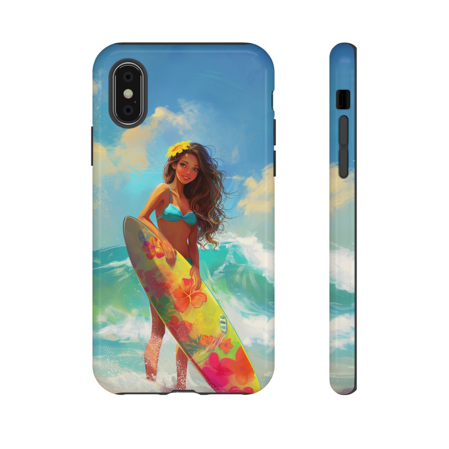 Surfer Girl Hawaiian Phone Case, Tropical, Hibiscus, Wireless Compatible, Protective Cell Phone Case for iPhone, Samsung, Pixel phones