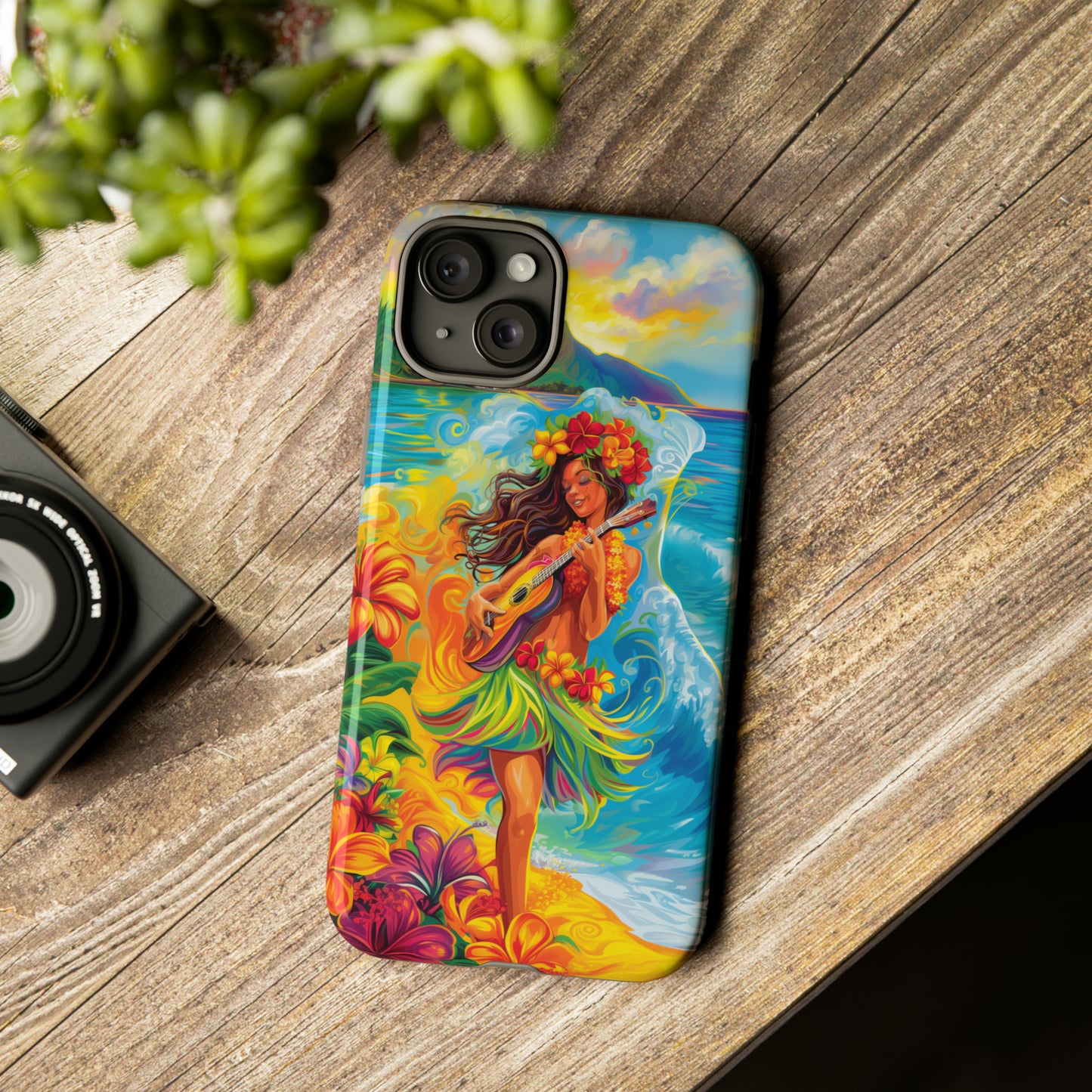 Ukulele Hula Girl Hawaiian Phone Case, Tropical, Hibiscus, Wireless Compatible, Protective Cell Phone Case for iPhone, Samsung, Pixel phones