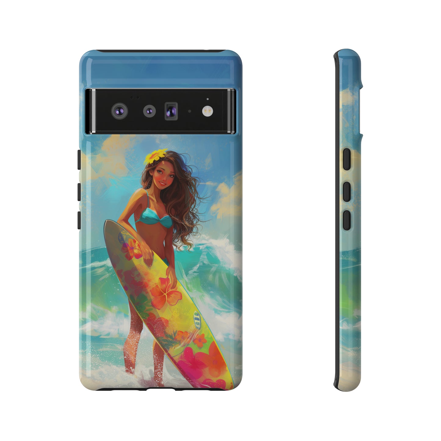 Surfer Girl Hawaiian Phone Case, Tropical, Hibiscus, Wireless Compatible, Protective Cell Phone Case for iPhone, Samsung, Pixel phones