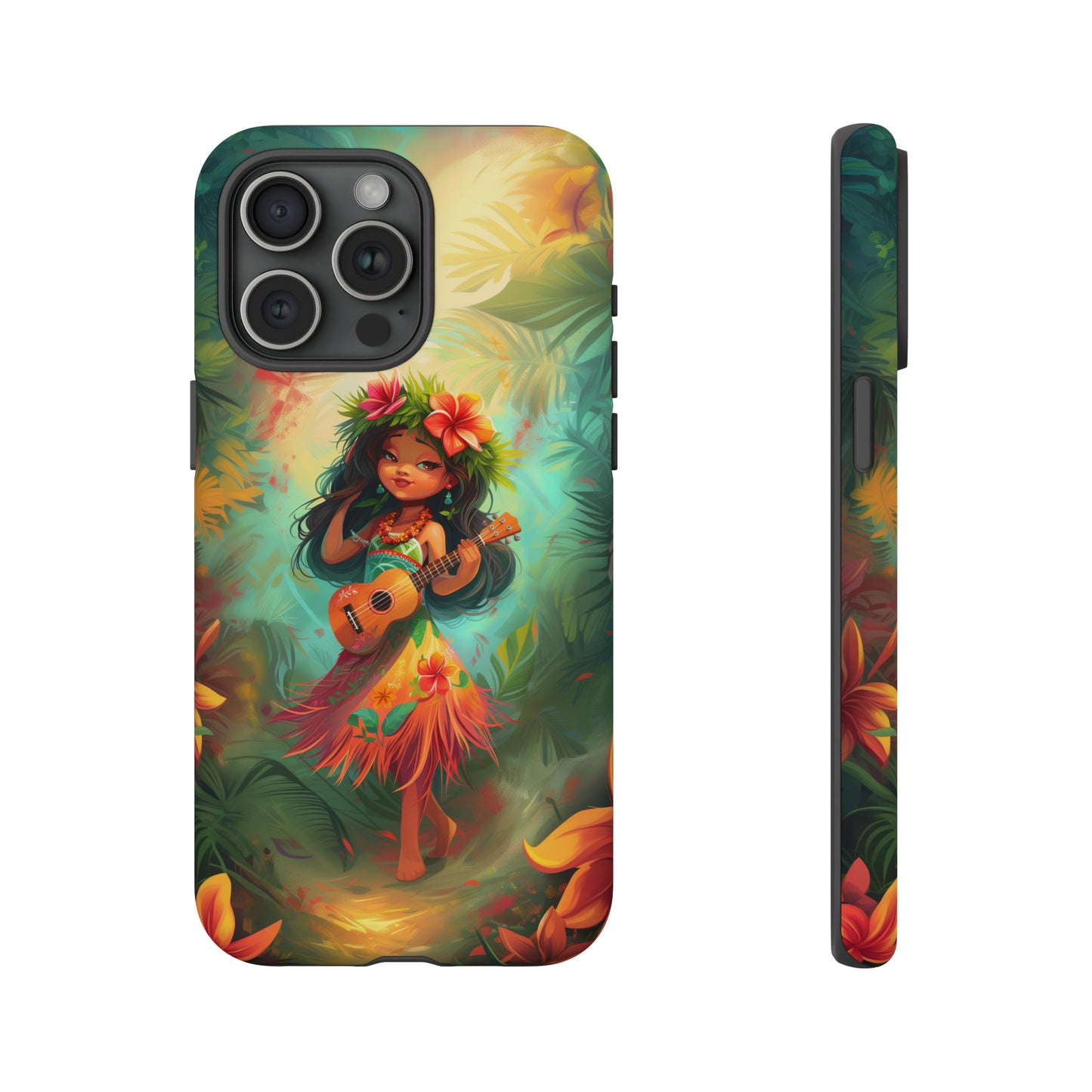 Cute Hula Girl Ukulele Hawaiian Phone Case, Tropical, Hibiscus, Wireless Compatible, Protective Cell Phone Case for iPhone, Samsung, Pixel
