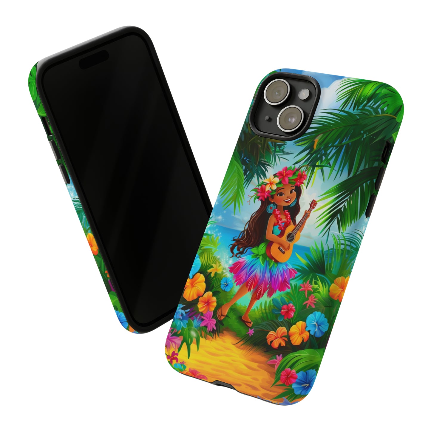 Hula Girl Ukulele Hawaiian Phone Case, Tropical, Hibiscus, Wireless Compatible, Protective Cell Phone Case for iPhone, Samsung, Pixel phones