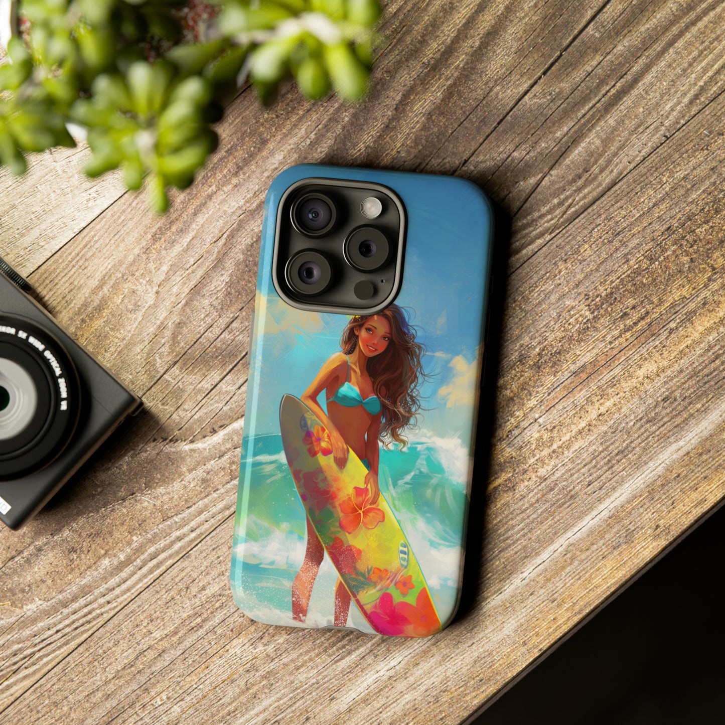 Surfer Girl Hawaiian Phone Case, Tropical, Hibiscus, Wireless Compatible, Protective Cell Phone Case for iPhone, Samsung, Pixel phones