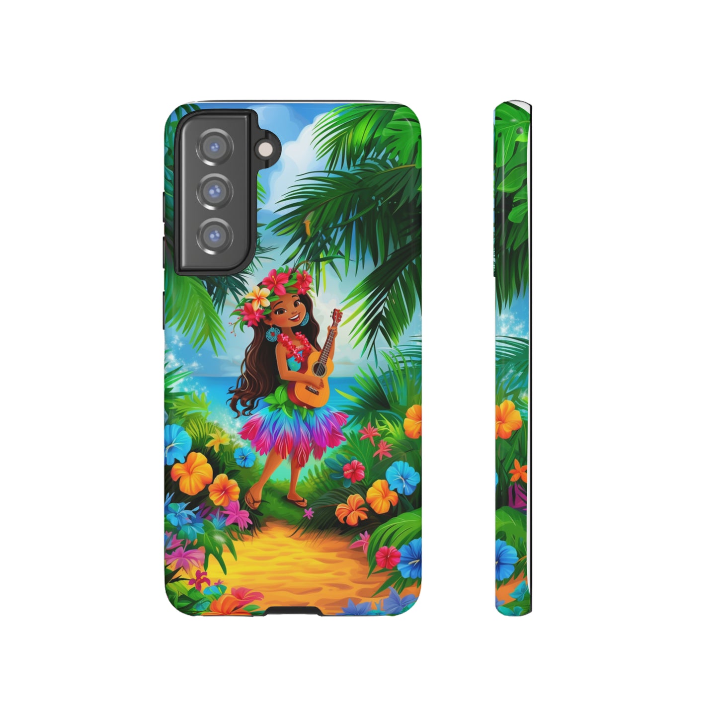 Hula Girl Ukulele Hawaiian Phone Case, Tropical, Hibiscus, Wireless Compatible, Protective Cell Phone Case for iPhone, Samsung, Pixel phones