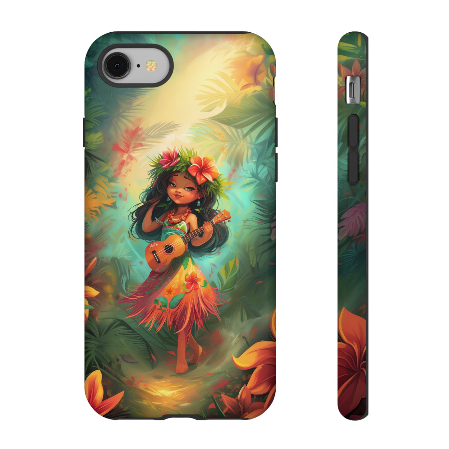 Cute Hula Girl Ukulele Hawaiian Phone Case, Tropical, Hibiscus, Wireless Compatible, Protective Cell Phone Case for iPhone, Samsung, Pixel