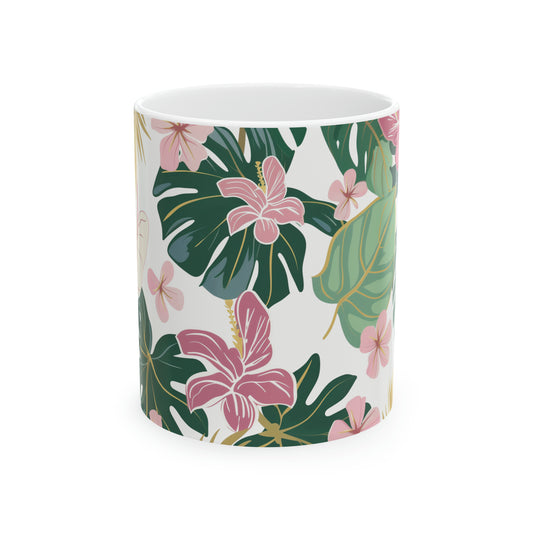Hibiscus Plumeria Pink Pattern Hawaiian Ceramic Mug 11oz, Hawaii Mug, HI Mug, Aloha Mug, 808 Mug, Island Mug, Tropical Mug, Coffee Mug