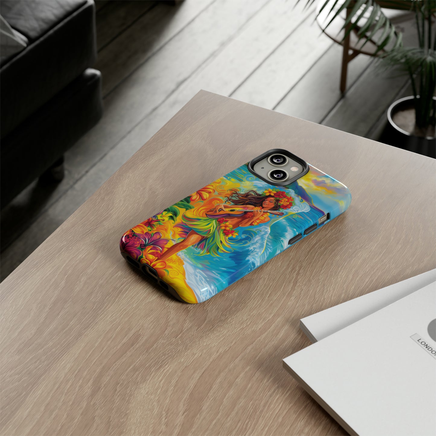 Ukulele Hula Girl Hawaiian Phone Case, Tropical, Hibiscus, Wireless Compatible, Protective Cell Phone Case for iPhone, Samsung, Pixel phones