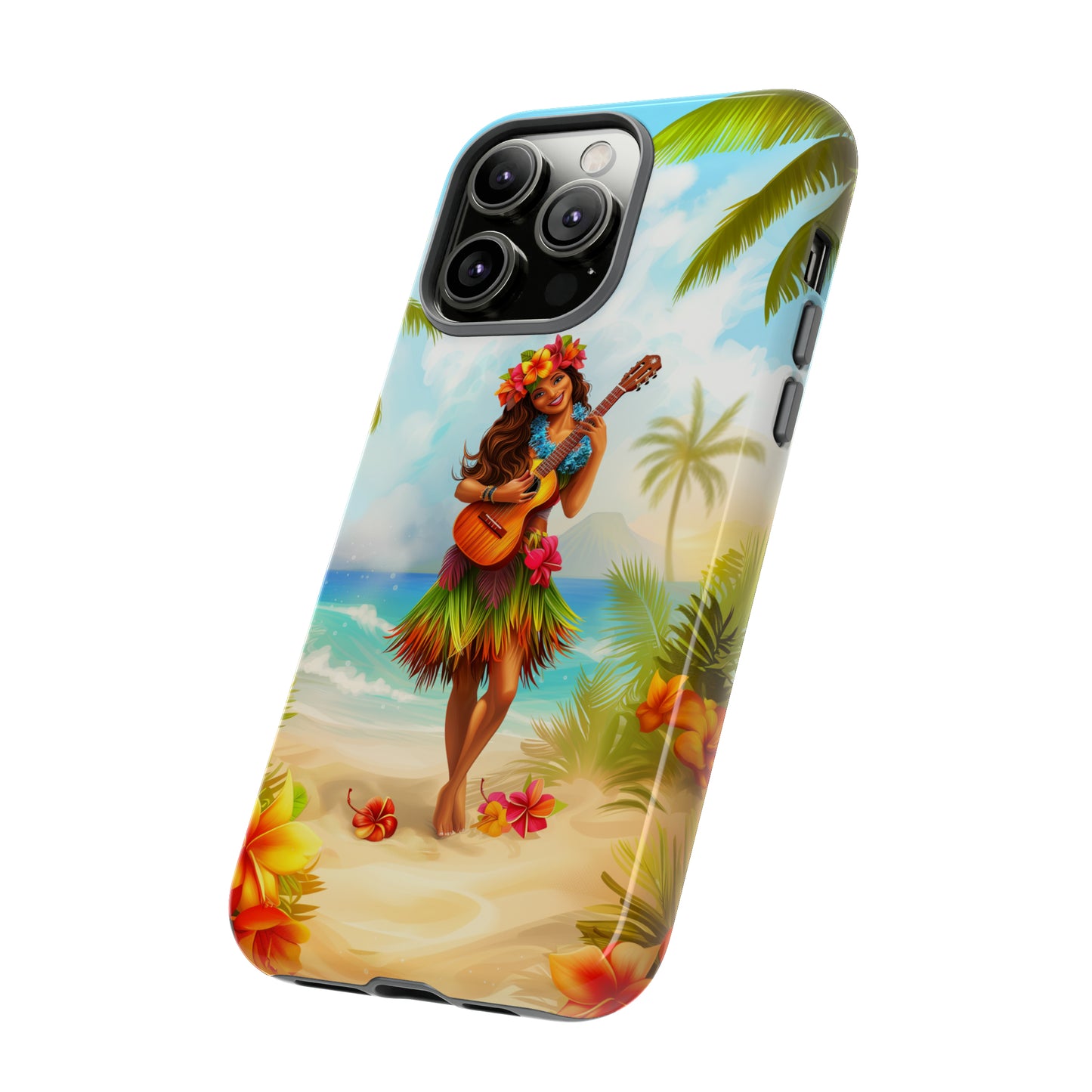 Hula Girl Guitar Hawaiian Phone Case, Tropical, Hibiscus, Wireless Compatible, Protective Cell Phone Case for iPhone, Samsung, Pixel phones
