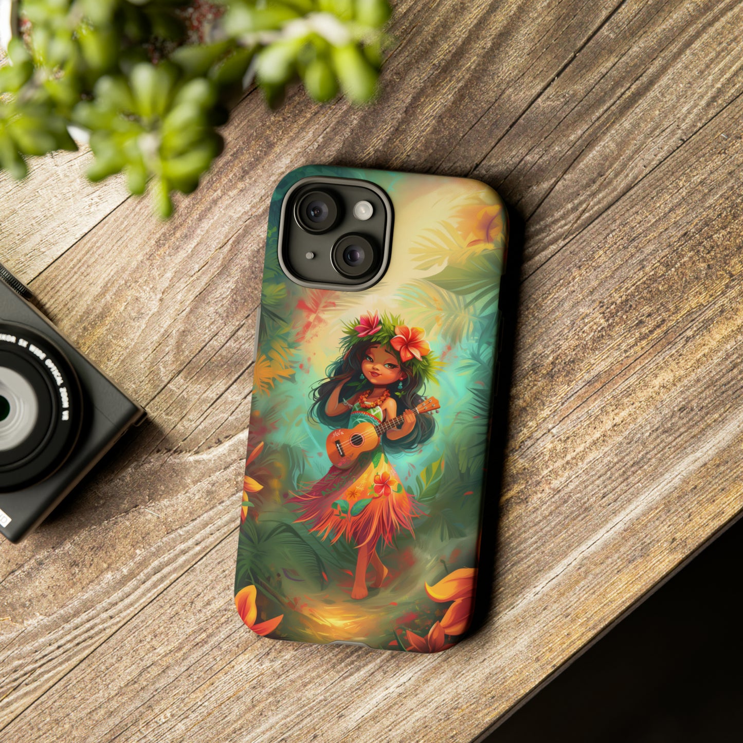 Cute Hula Girl Ukulele Hawaiian Phone Case, Tropical, Hibiscus, Wireless Compatible, Protective Cell Phone Case for iPhone, Samsung, Pixel