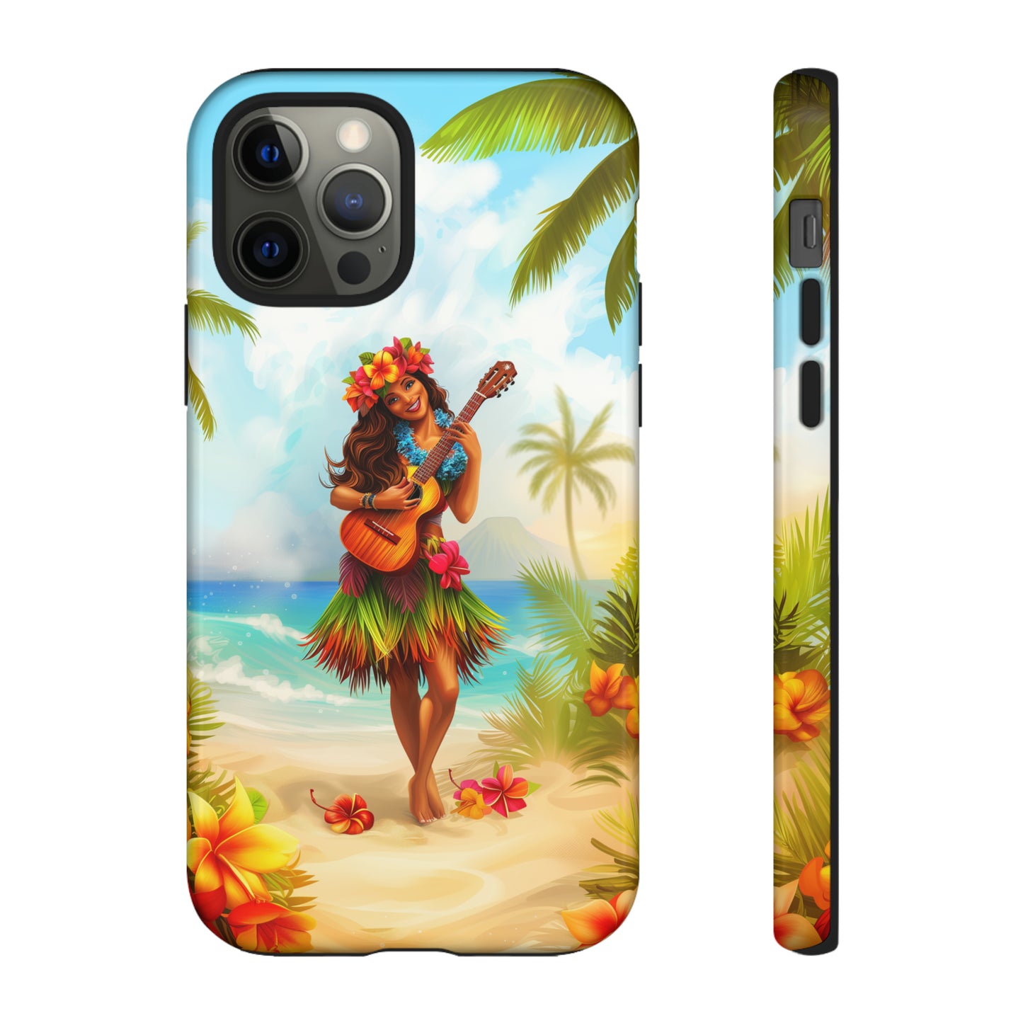 Hula Girl Guitar Hawaiian Phone Case, Tropical, Hibiscus, Wireless Compatible, Protective Cell Phone Case for iPhone, Samsung, Pixel phones