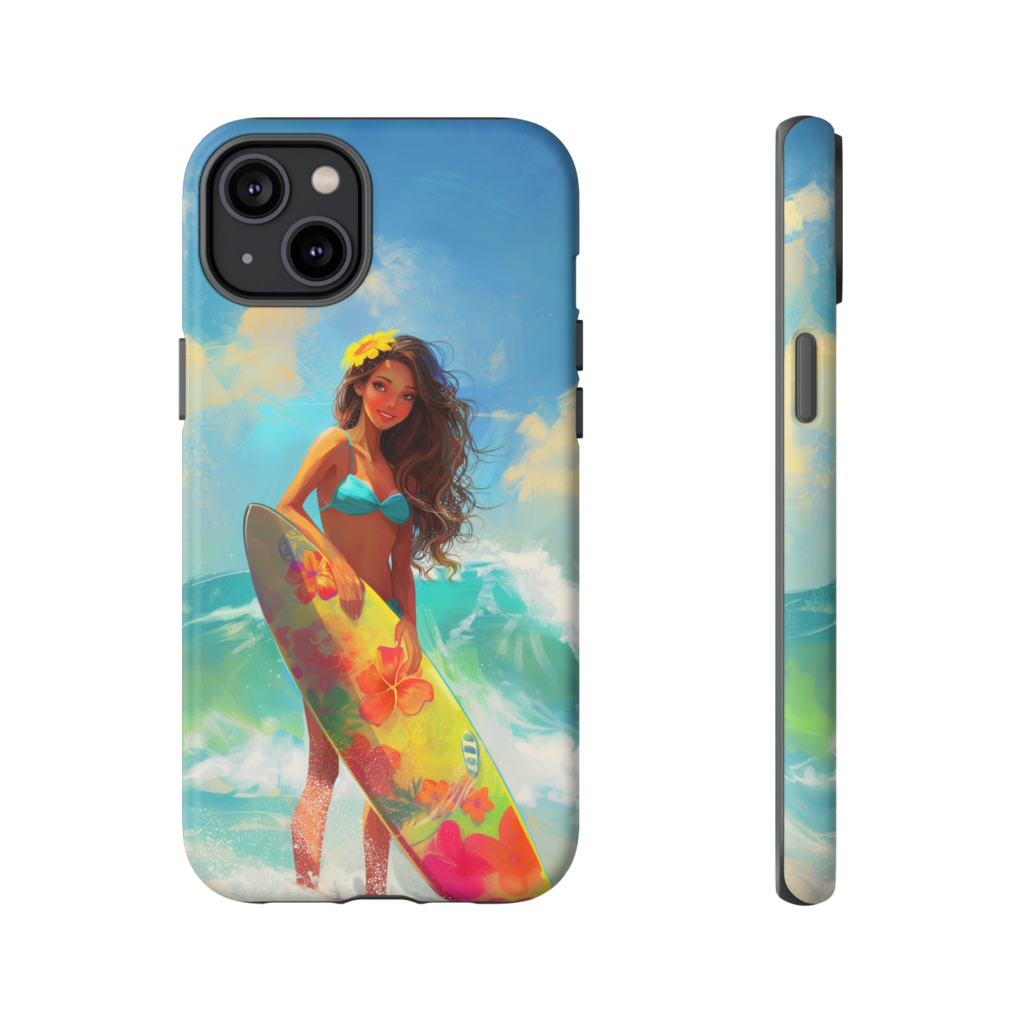 Surfer Girl Hawaiian Phone Case, Tropical, Hibiscus, Wireless Compatible, Protective Cell Phone Case for iPhone, Samsung, Pixel phones
