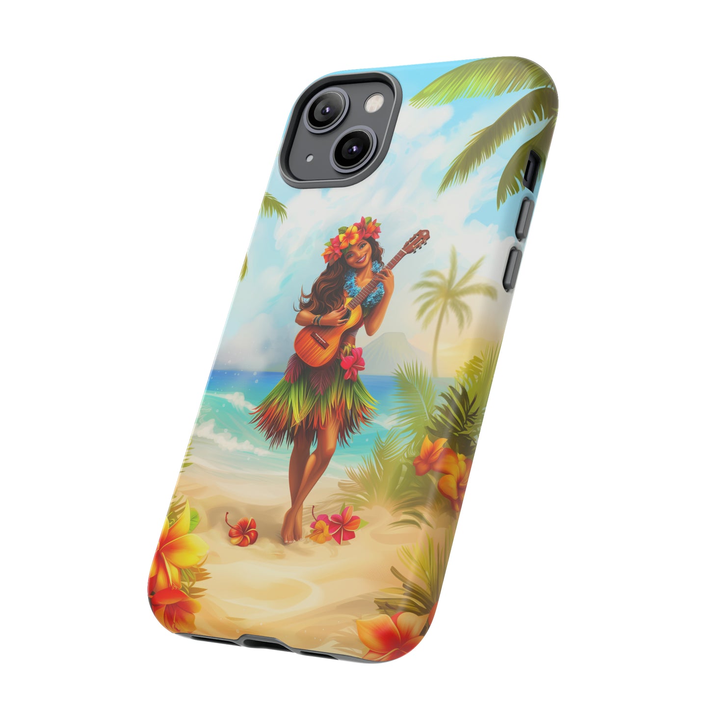 Hula Girl Guitar Hawaiian Phone Case, Tropical, Hibiscus, Wireless Compatible, Protective Cell Phone Case for iPhone, Samsung, Pixel phones