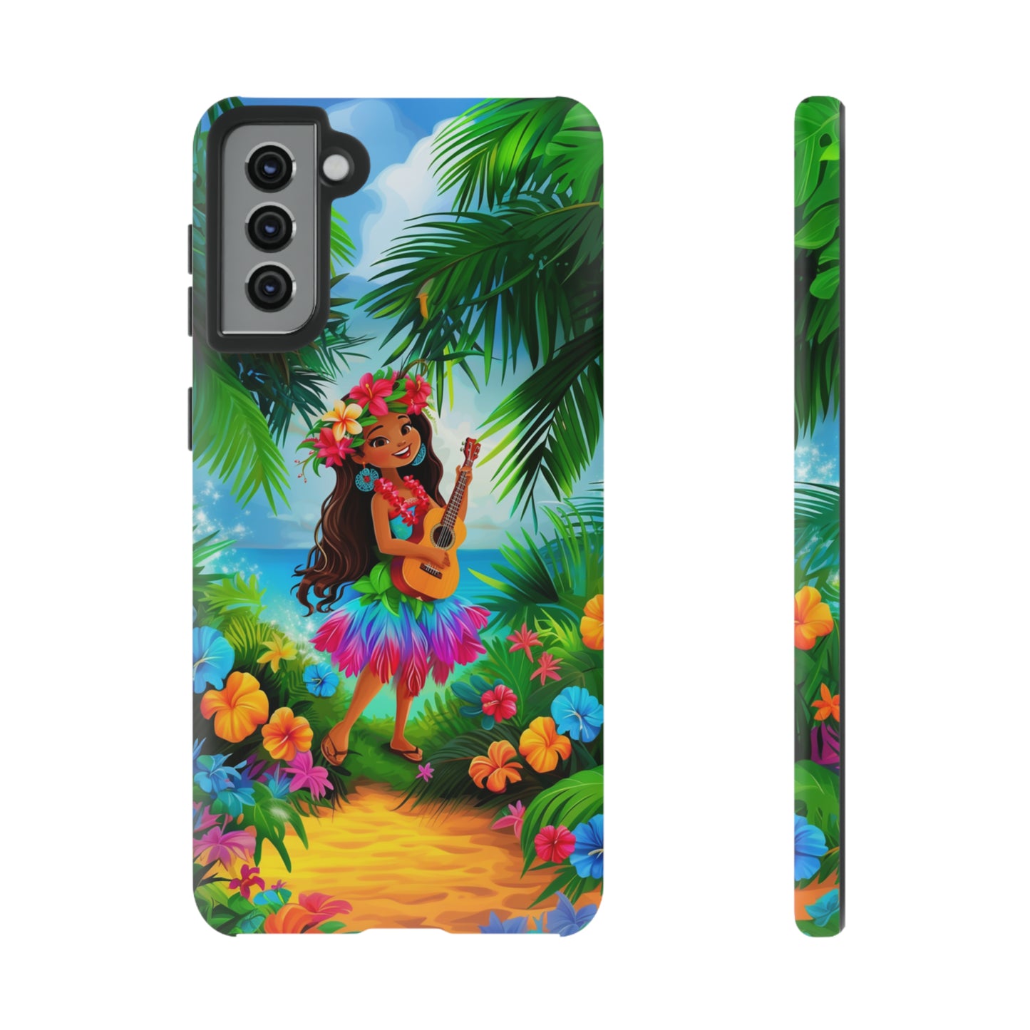Hula Girl Ukulele Hawaiian Phone Case, Tropical, Hibiscus, Wireless Compatible, Protective Cell Phone Case for iPhone, Samsung, Pixel phones