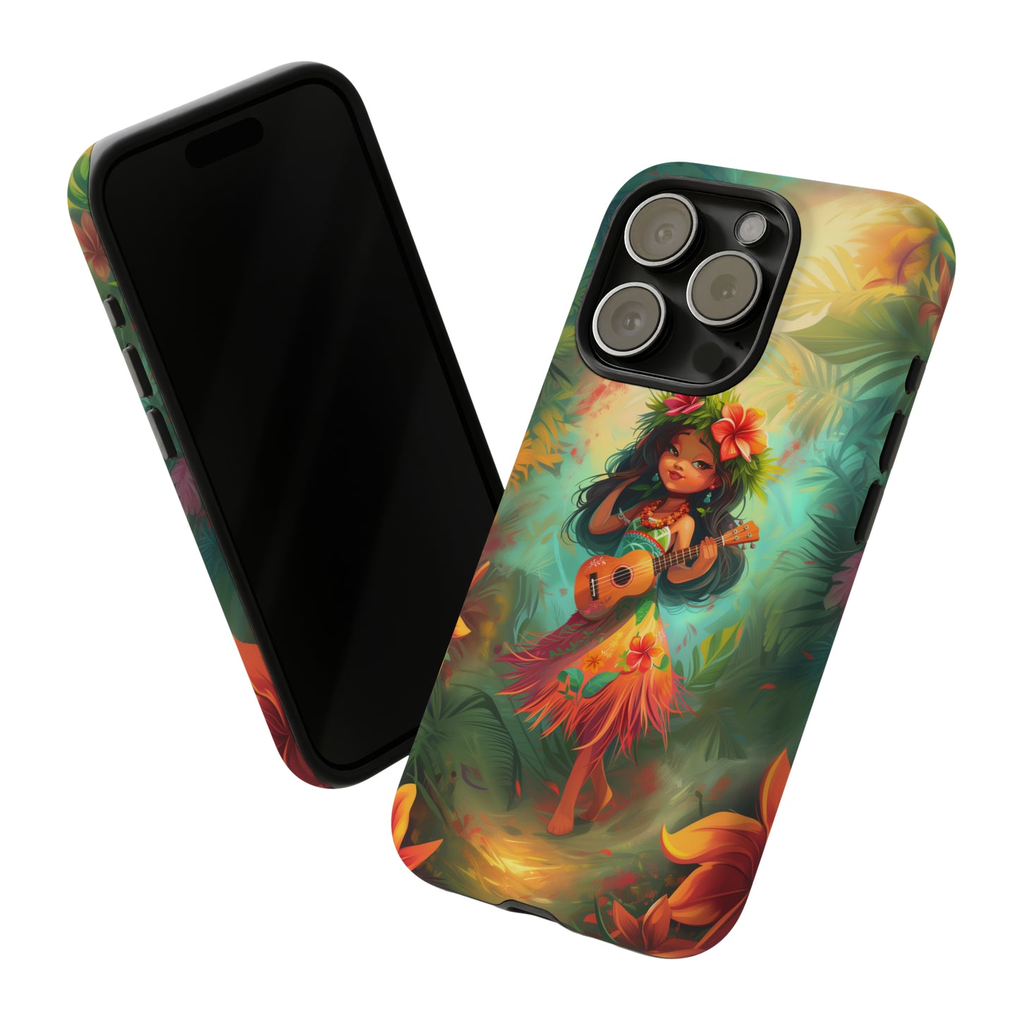 Cute Hula Girl Ukulele Hawaiian Phone Case, Tropical, Hibiscus, Wireless Compatible, Protective Cell Phone Case for iPhone, Samsung, Pixel