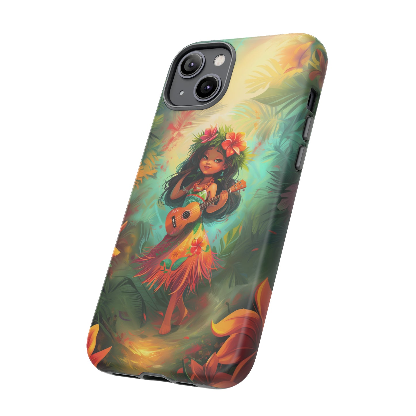 Cute Hula Girl Ukulele Hawaiian Phone Case, Tropical, Hibiscus, Wireless Compatible, Protective Cell Phone Case for iPhone, Samsung, Pixel
