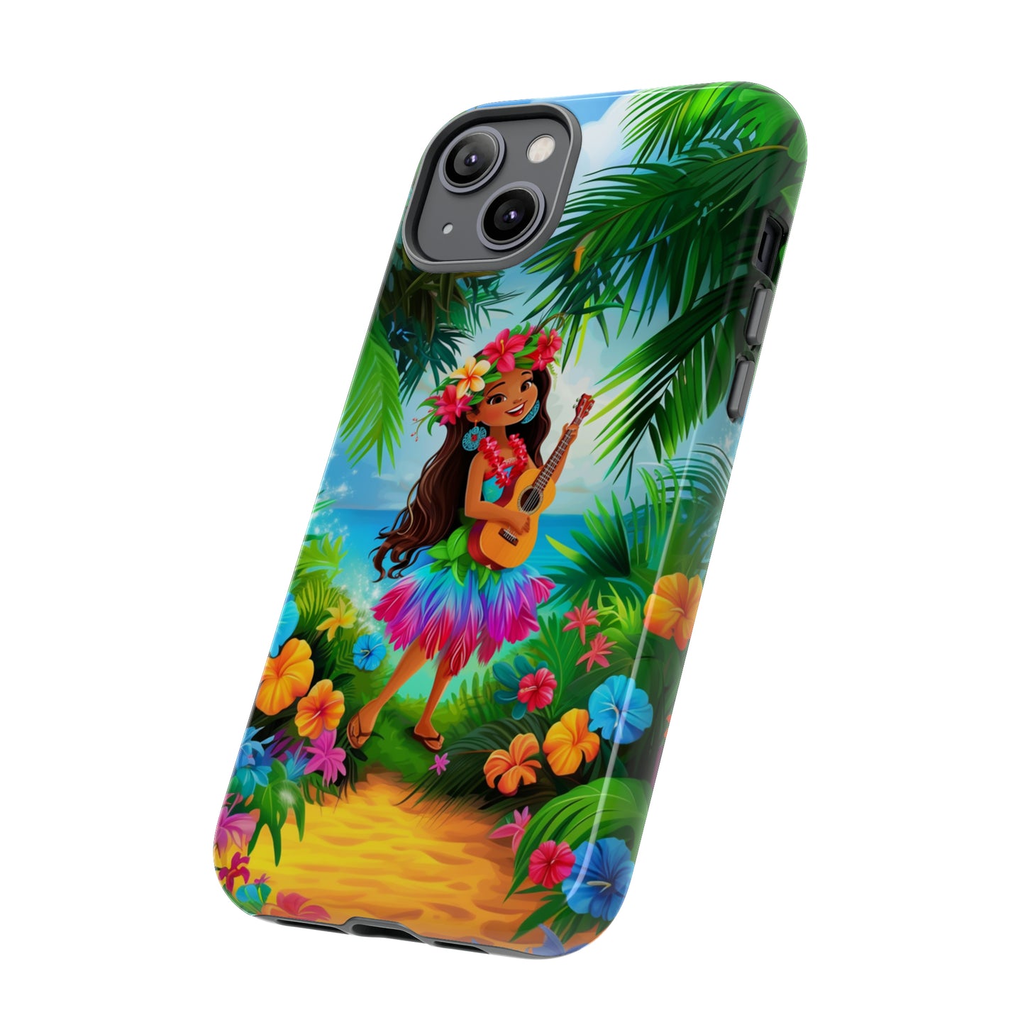 Hula Girl Ukulele Hawaiian Phone Case, Tropical, Hibiscus, Wireless Compatible, Protective Cell Phone Case for iPhone, Samsung, Pixel phones