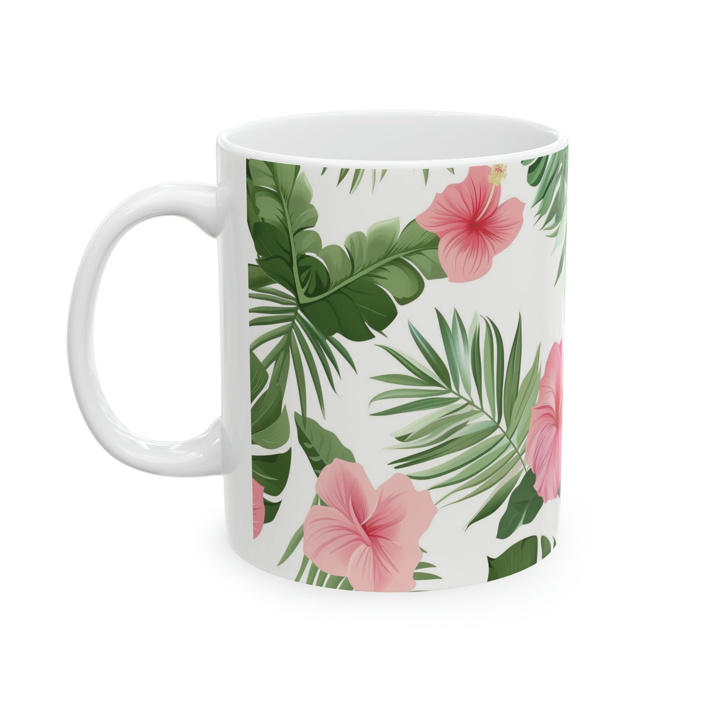 Hibiscus Pink Leaves Green Pattern Hawaiian Ceramic Mug 11oz, Hawaii Mug, HI Mug, Aloha Mug, 808 Mug, Island Mug, Tropical Mug, Coffee Mug