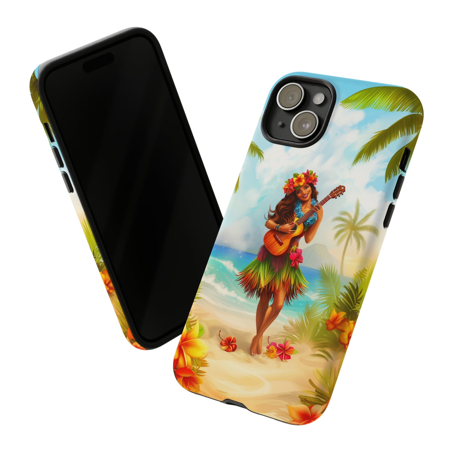 Hula Girl Guitar Hawaiian Phone Case, Tropical, Hibiscus, Wireless Compatible, Protective Cell Phone Case for iPhone, Samsung, Pixel phones