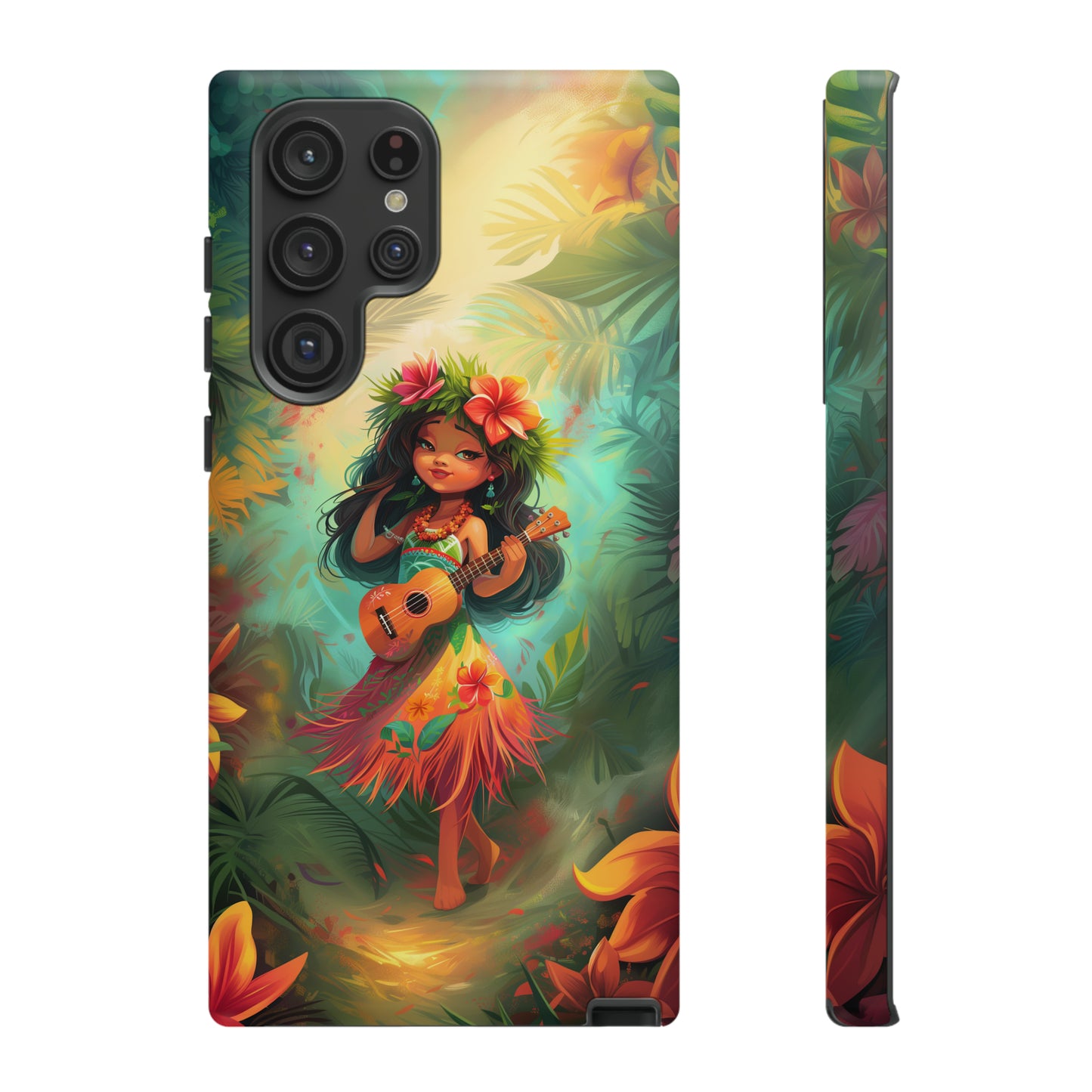 Cute Hula Girl Ukulele Hawaiian Phone Case, Tropical, Hibiscus, Wireless Compatible, Protective Cell Phone Case for iPhone, Samsung, Pixel