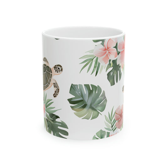 Turtles Honu Plumeria Green Leaves Hawaiian Ceramic Mug 11oz, Hawaii Mug, HI Mug, Aloha Mug, 808 Mug, Island Mug, Tropical Mug, Coffee Mug