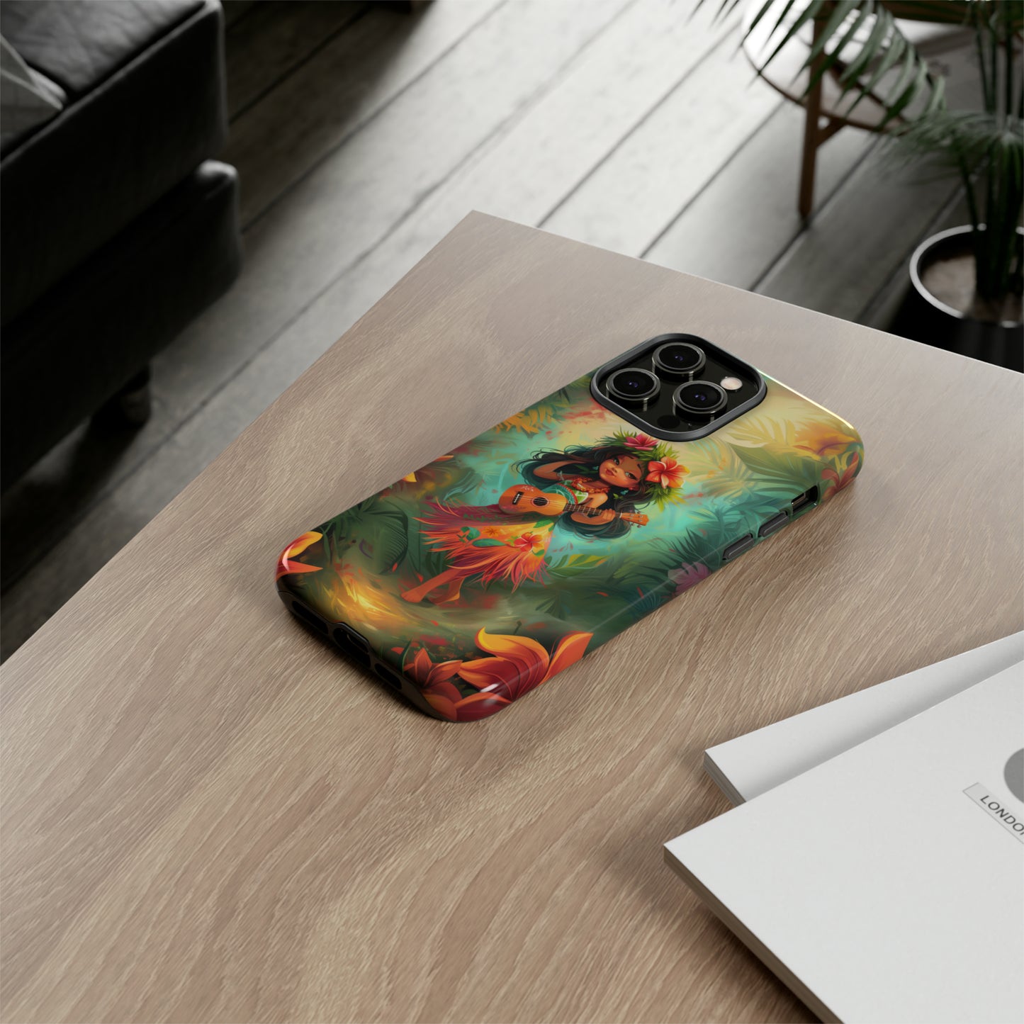 Cute Hula Girl Ukulele Hawaiian Phone Case, Tropical, Hibiscus, Wireless Compatible, Protective Cell Phone Case for iPhone, Samsung, Pixel