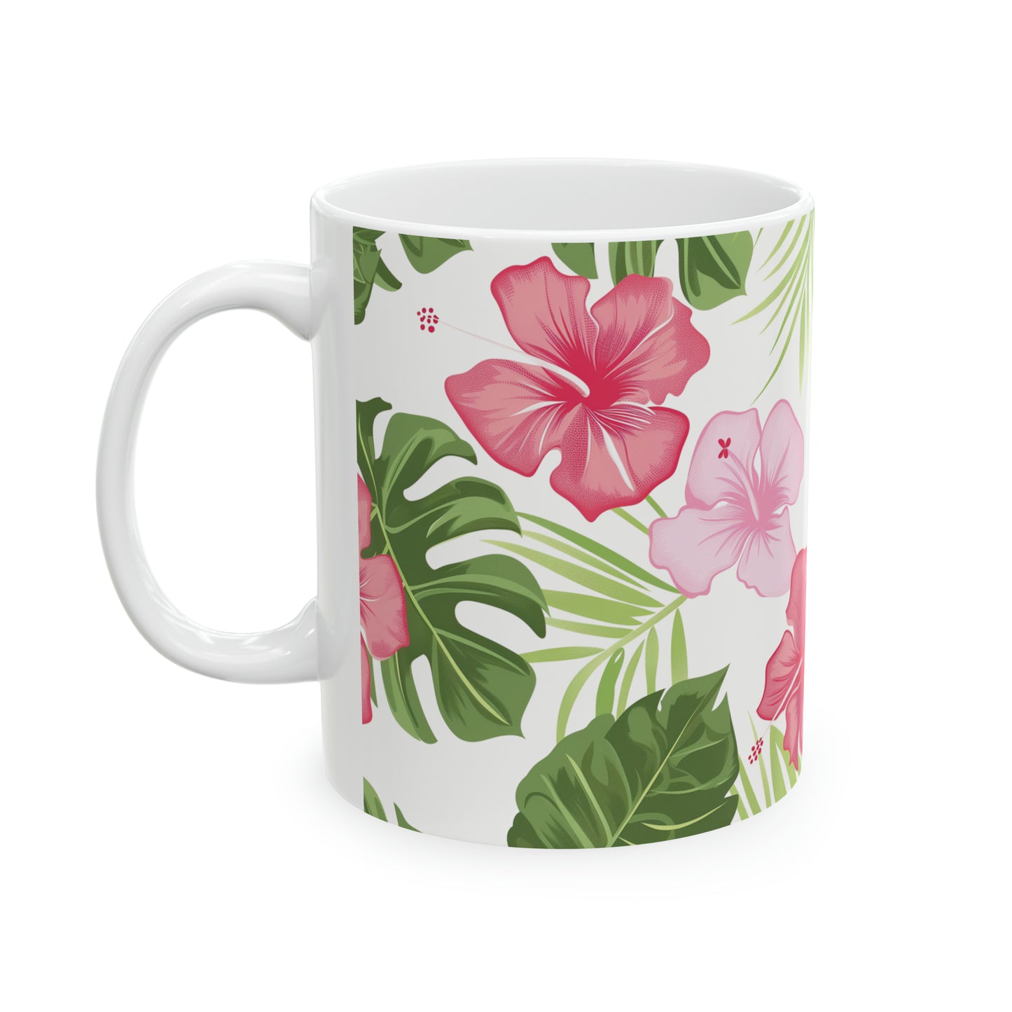 Pink Hibiscus Green Leaves Pattern Hawaiian Ceramic Mug 11oz, Hawaii Mug, HI Mug, Aloha Mug, 808 Mug, Island Mug, Tropical Mug, Coffee Mug