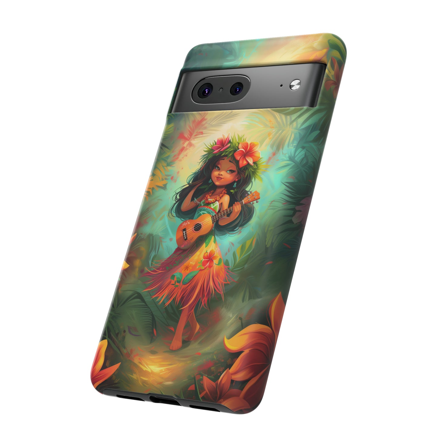 Cute Hula Girl Ukulele Hawaiian Phone Case, Tropical, Hibiscus, Wireless Compatible, Protective Cell Phone Case for iPhone, Samsung, Pixel
