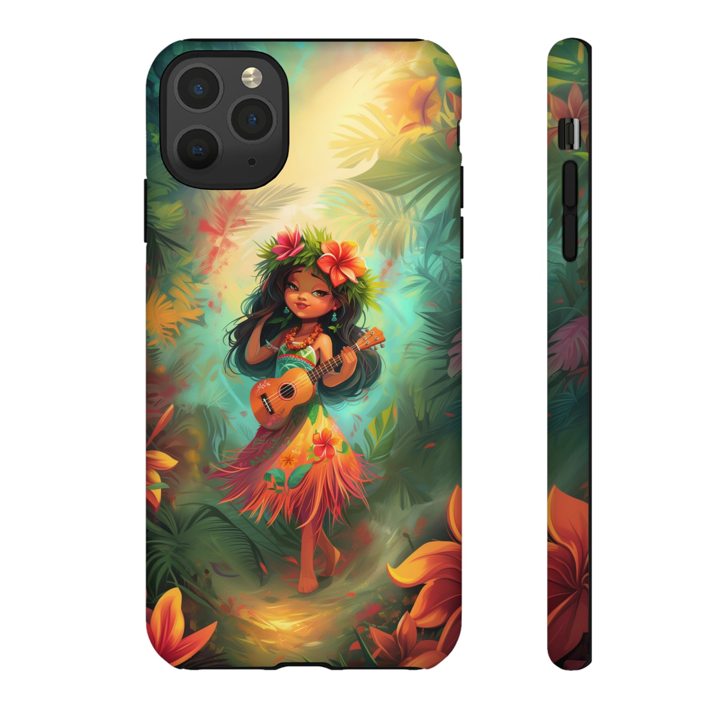 Cute Hula Girl Ukulele Hawaiian Phone Case, Tropical, Hibiscus, Wireless Compatible, Protective Cell Phone Case for iPhone, Samsung, Pixel